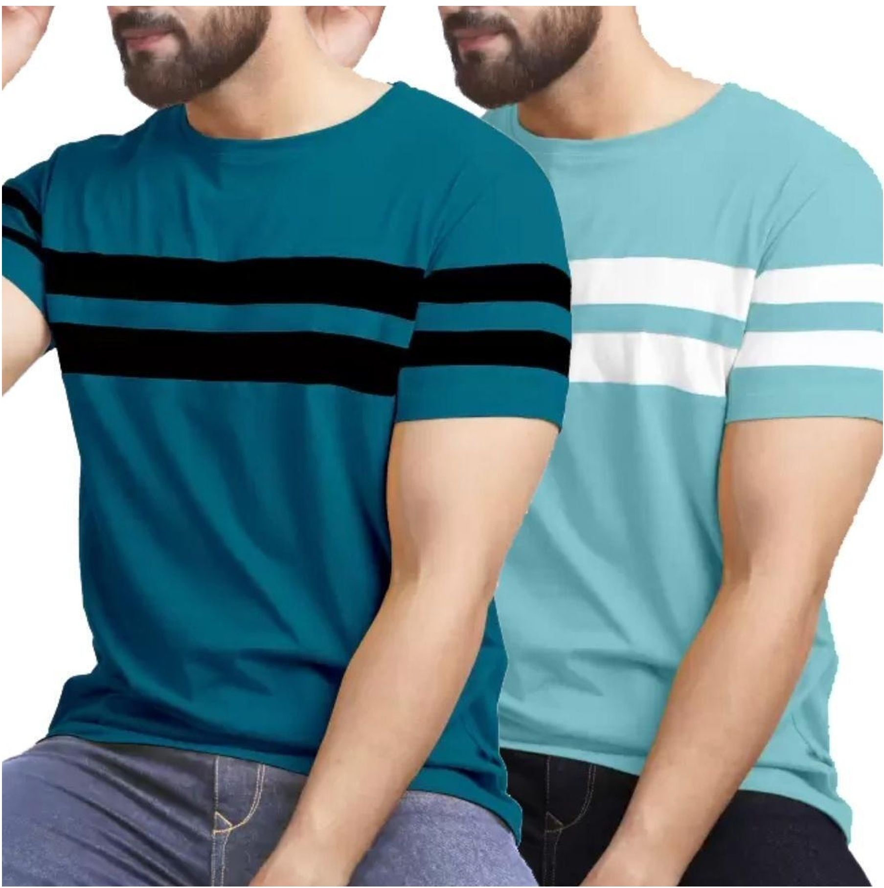 Pack of 2 Men Striped Round Neck Cotton Blend Light Green T-Shirt