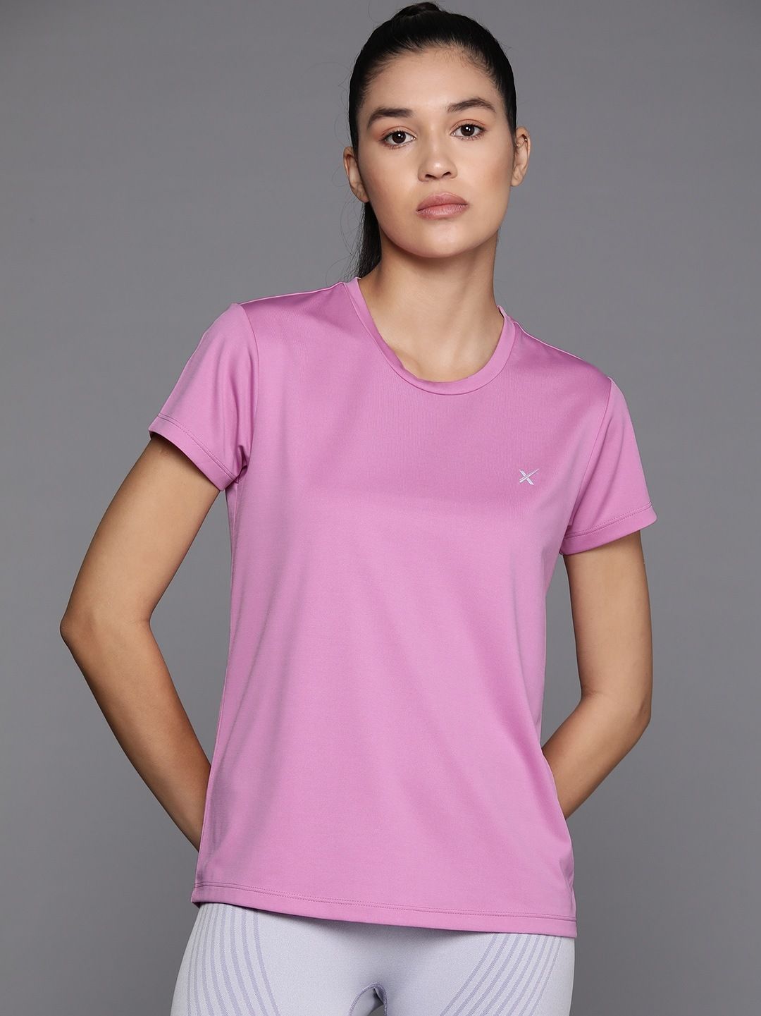 Women Solid Round Neck Polyester Pink T-Shirt