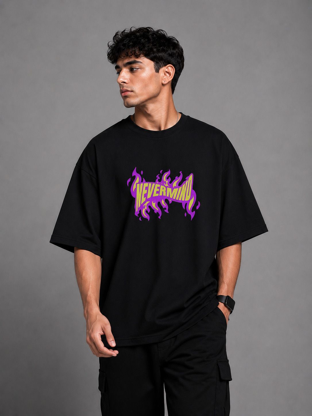 Men Typography, Printed Round Neck Pure Cotton Black T-Shirt-image-42