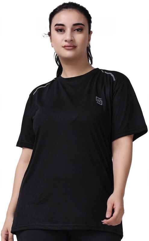 Women Solid Round Neck Polyester Black T-Shirt-image-31