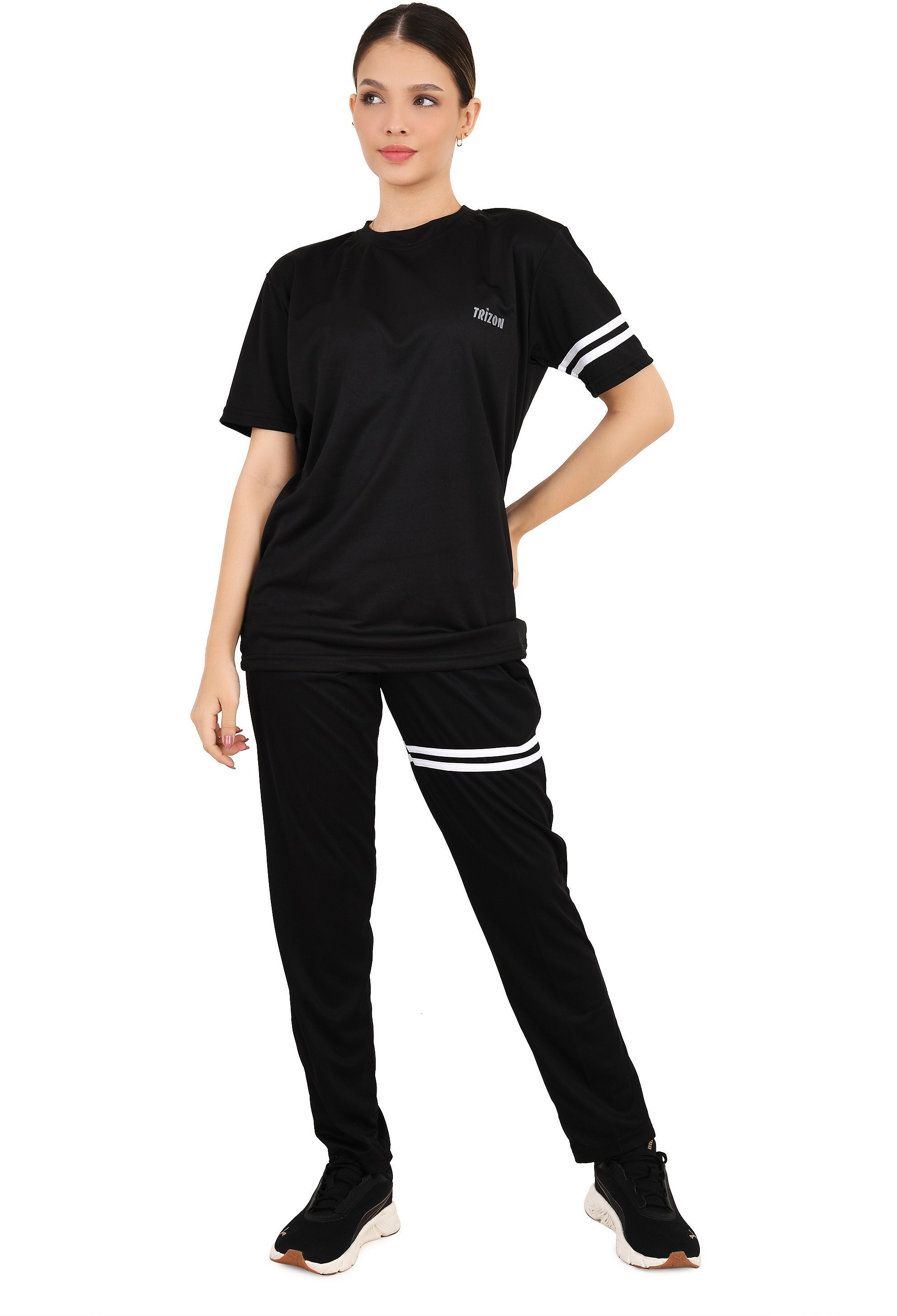 trizon Women Solid, Chevron/Zig Zag, Graphic Print, Sporty, Printed Round Neck Polyester Black T-Shirt-picture-26