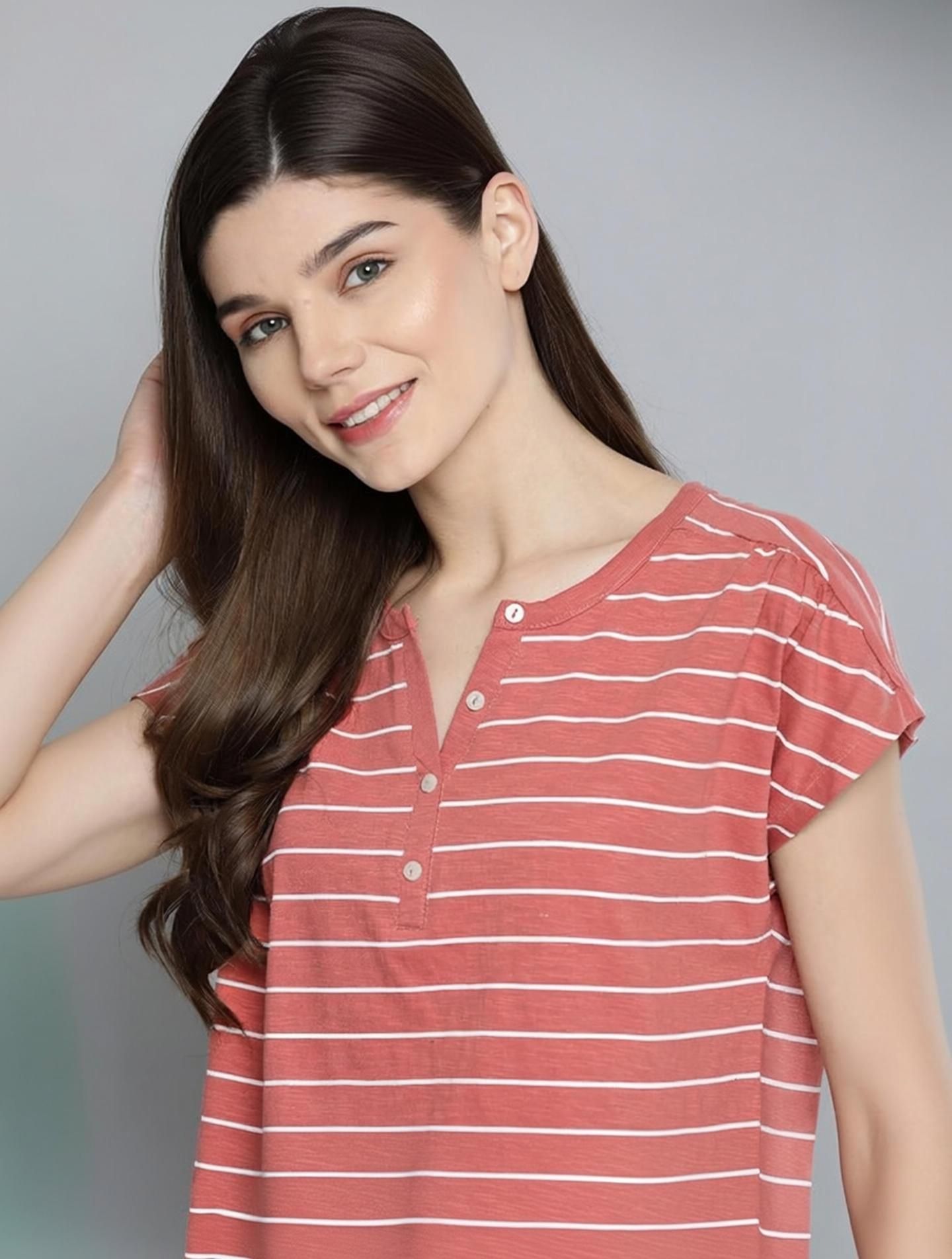 Women Striped Round Neck Pure Cotton Red T-Shirt-image-2
