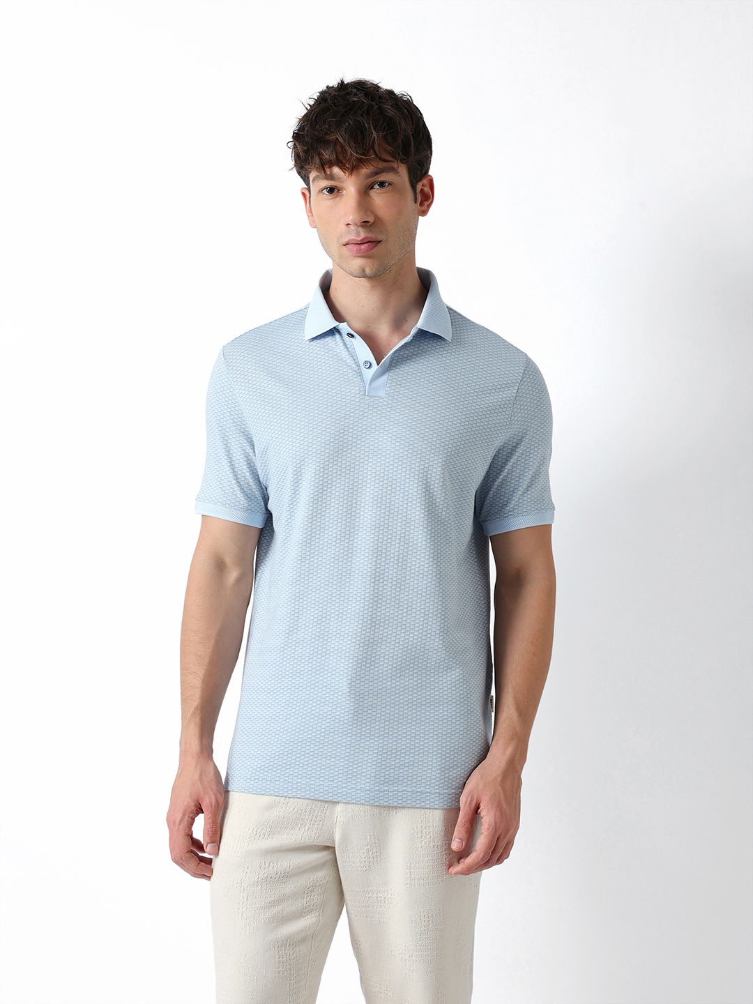the bear house Men Self Design Polo Neck Pure Cotton Light Blue T-Shirt-picture-13