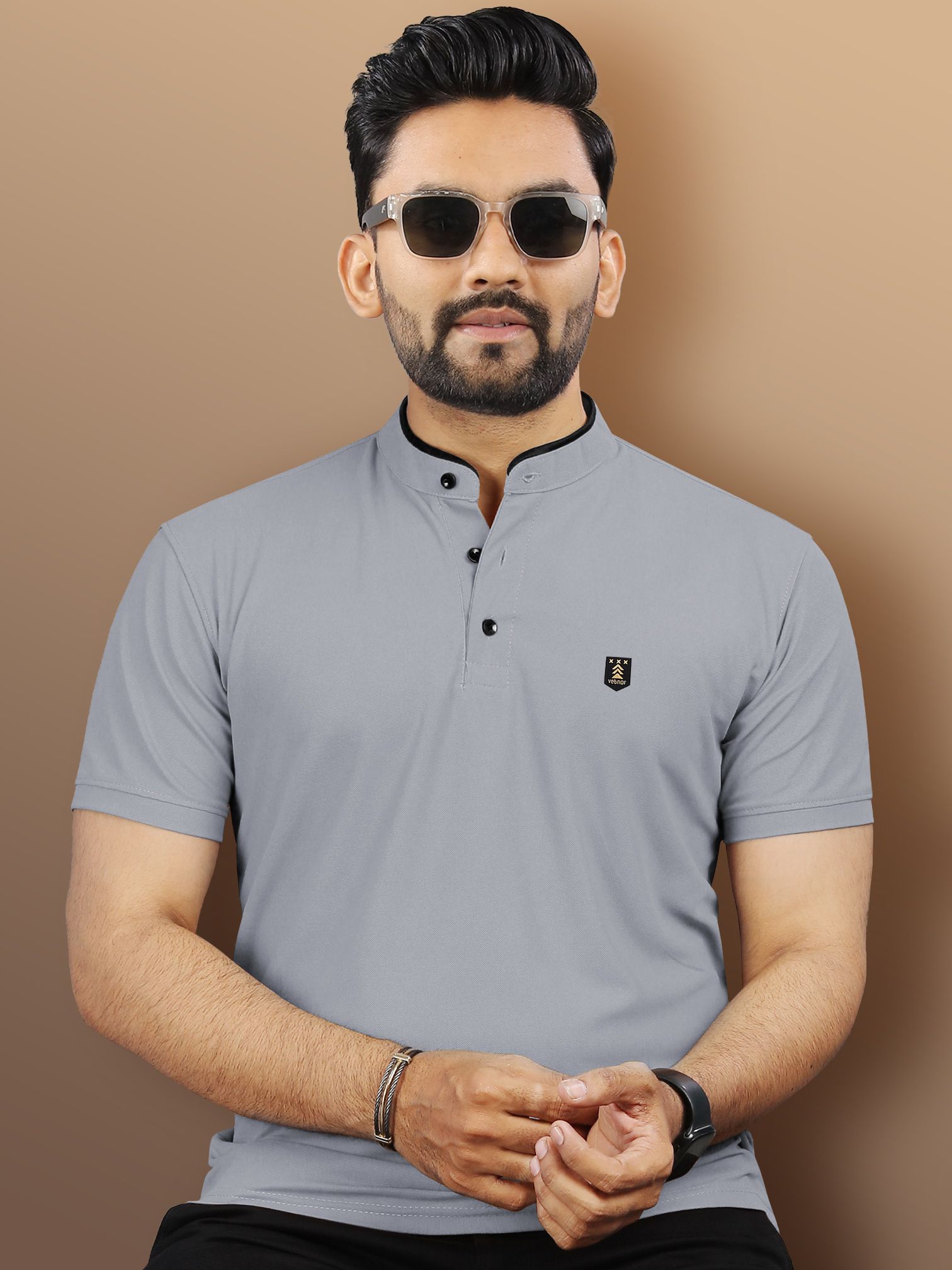 vebnor Men Solid Polo Neck Polyester Grey T-Shirt-picture-27