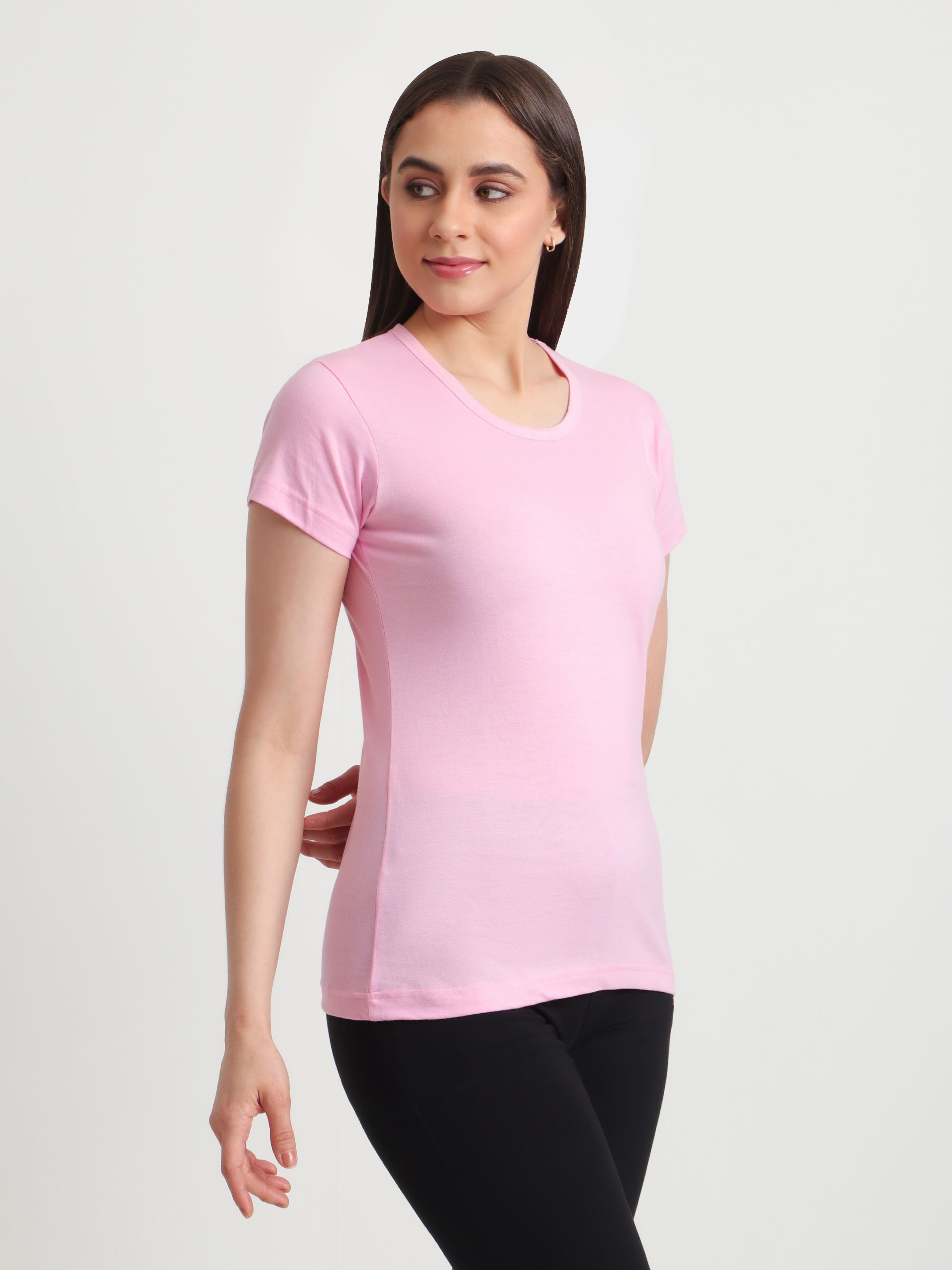 global nomad Women Solid Round Neck Cotton Blend Pink T-Shirt-picture-48