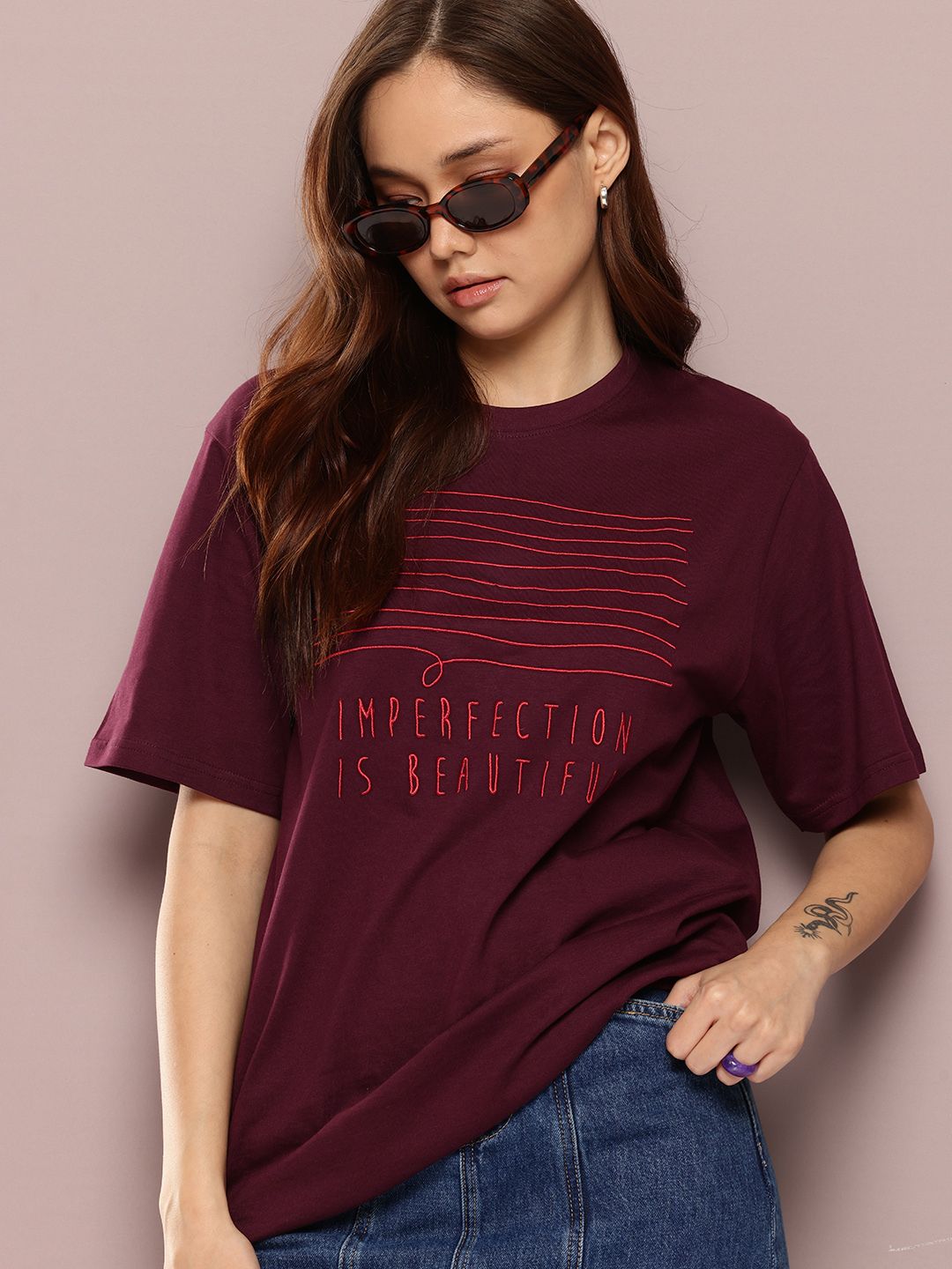 Women Embroidered Round Neck Pure Cotton Maroon T-Shirt-image-29