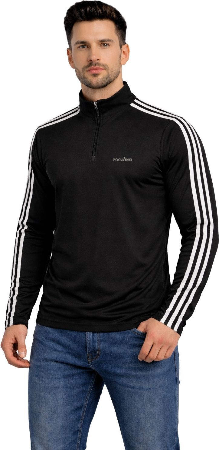 Men Striped Zip Neck Nylon Black T-Shirt-image-3
