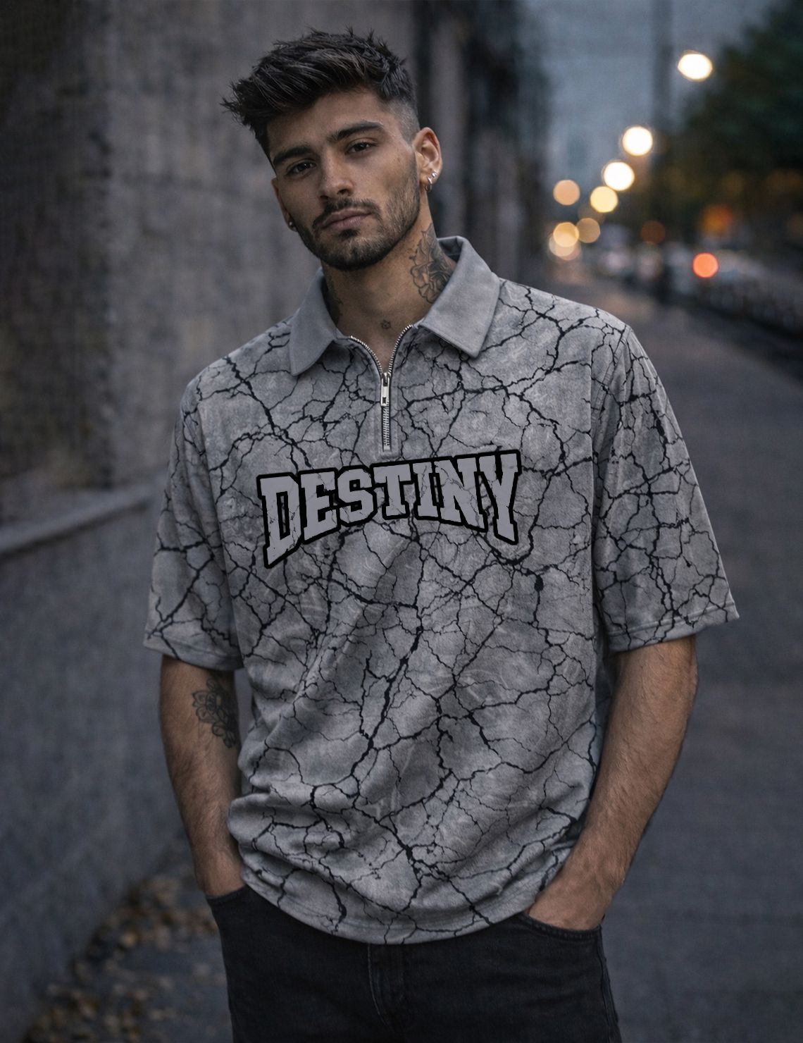 Men Printed Zip Neck Cotton Blend Grey T-Shirt-image-39