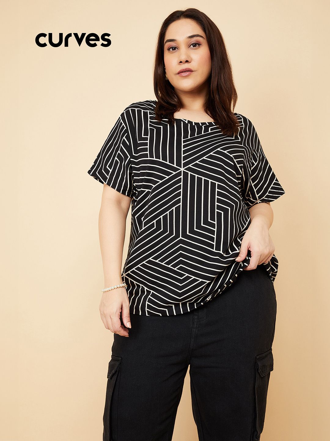 max Plus Size Women Printed Round Neck Pure Cotton Black T-Shirt-picture-10