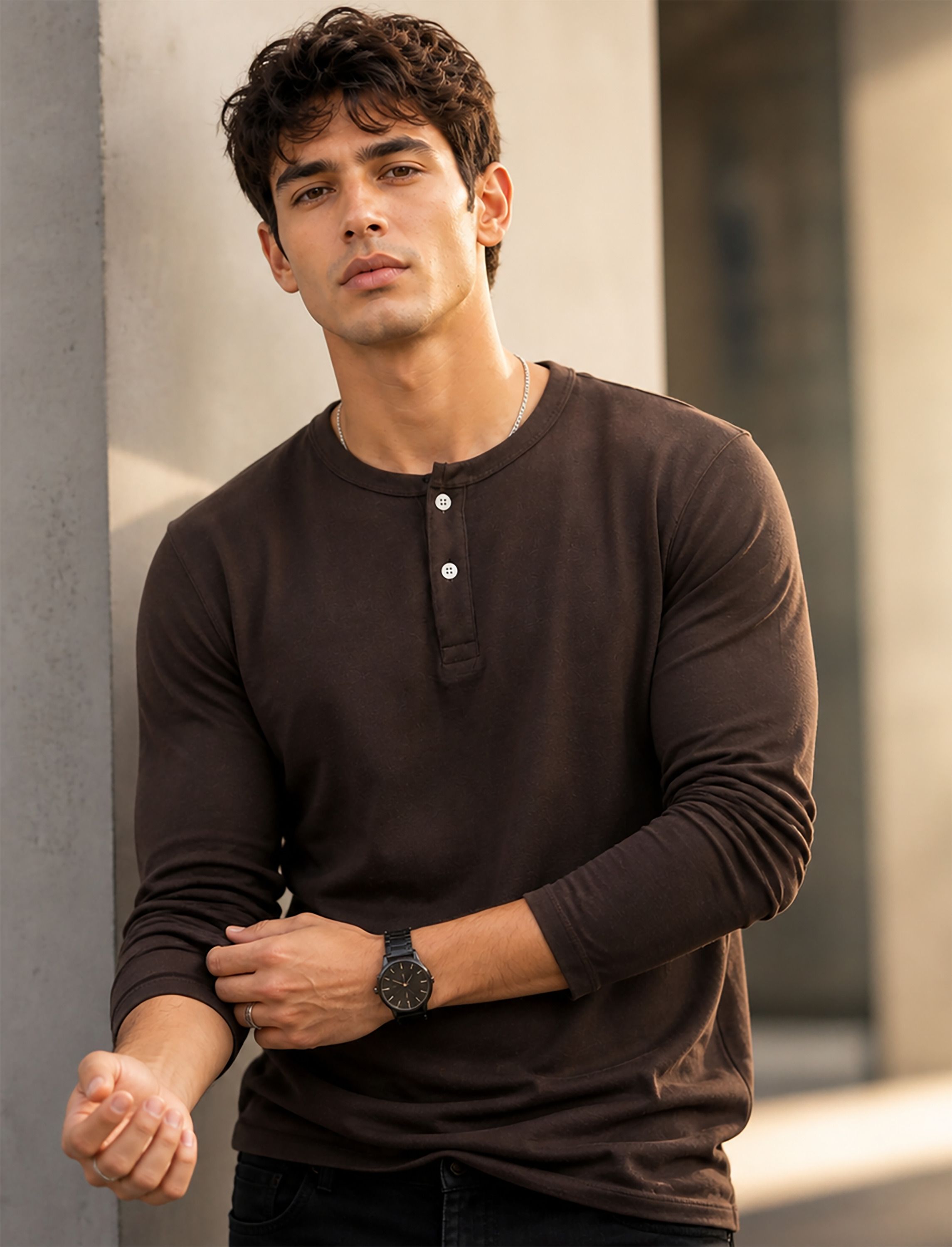 creation by london hills Men Solid Henley Neck Cotton Blend Brown T-Shirt-picture-24