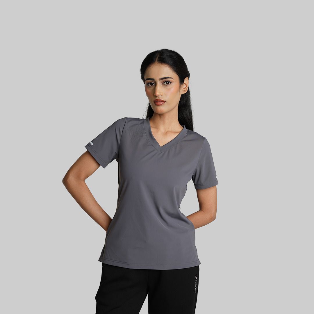 outstride Women Solid V Neck Nylon Grey T-Shirt-picture-18