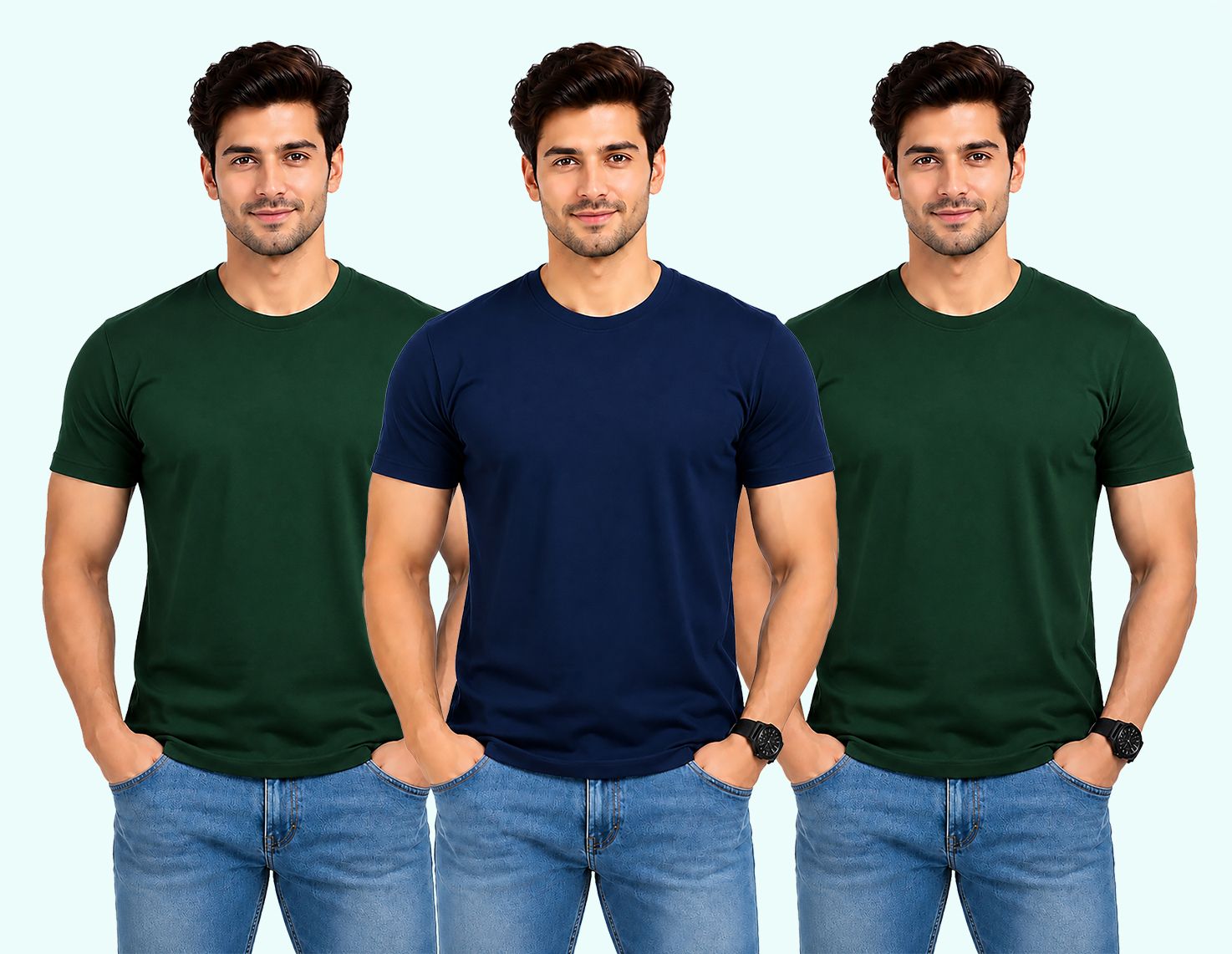 think tech Pack of 3 Men Solid Round Neck Polyester Dark Green, Dark Blue T-Shirt-picture-4