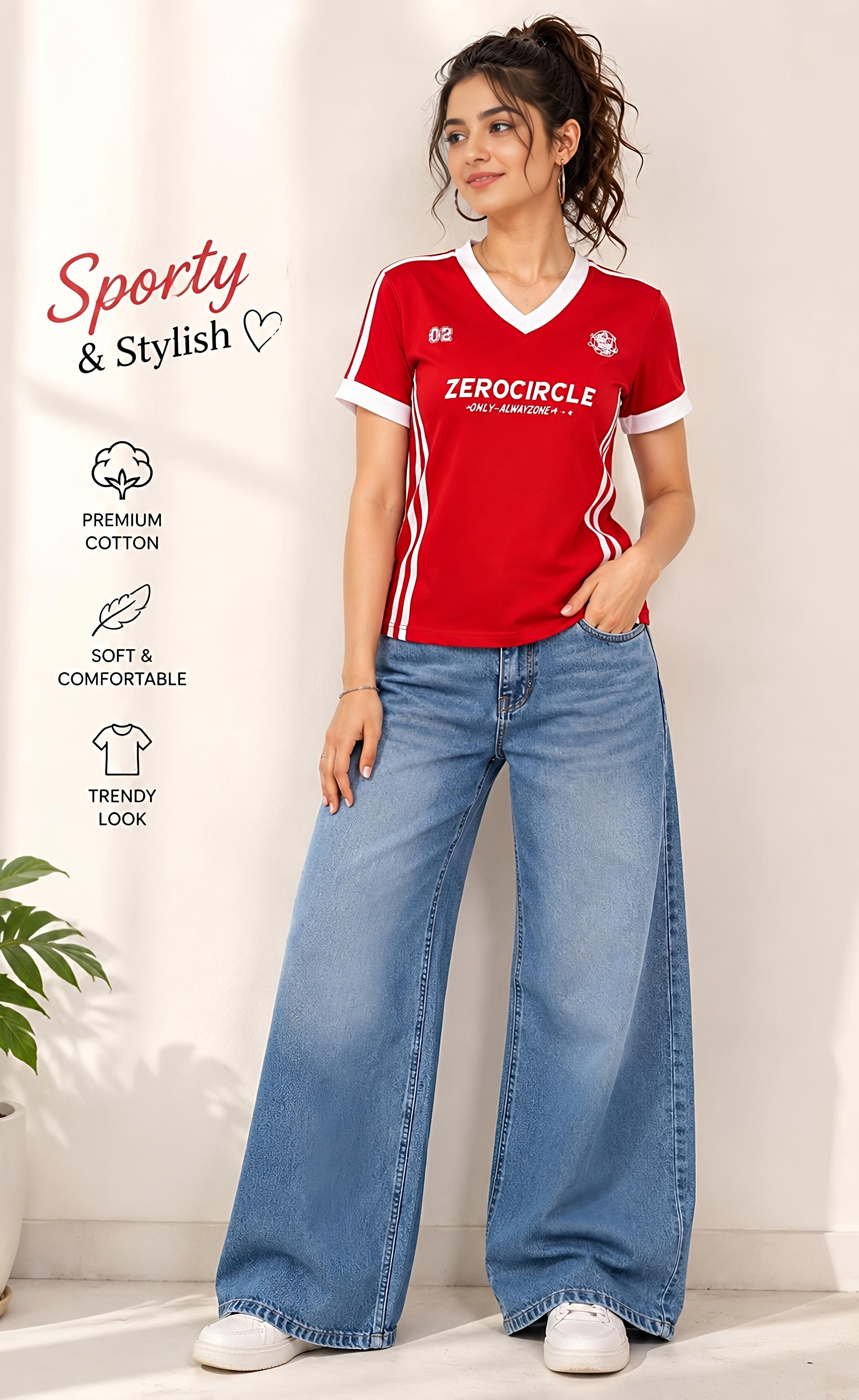 Women Printed V Neck Cotton Blend Red T-Shirt-image-3