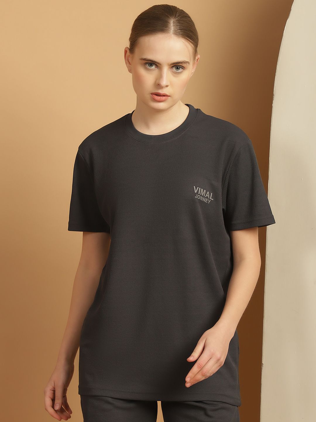 mack jonney Women Solid Round Neck Polyester Grey T-Shirt-picture-19