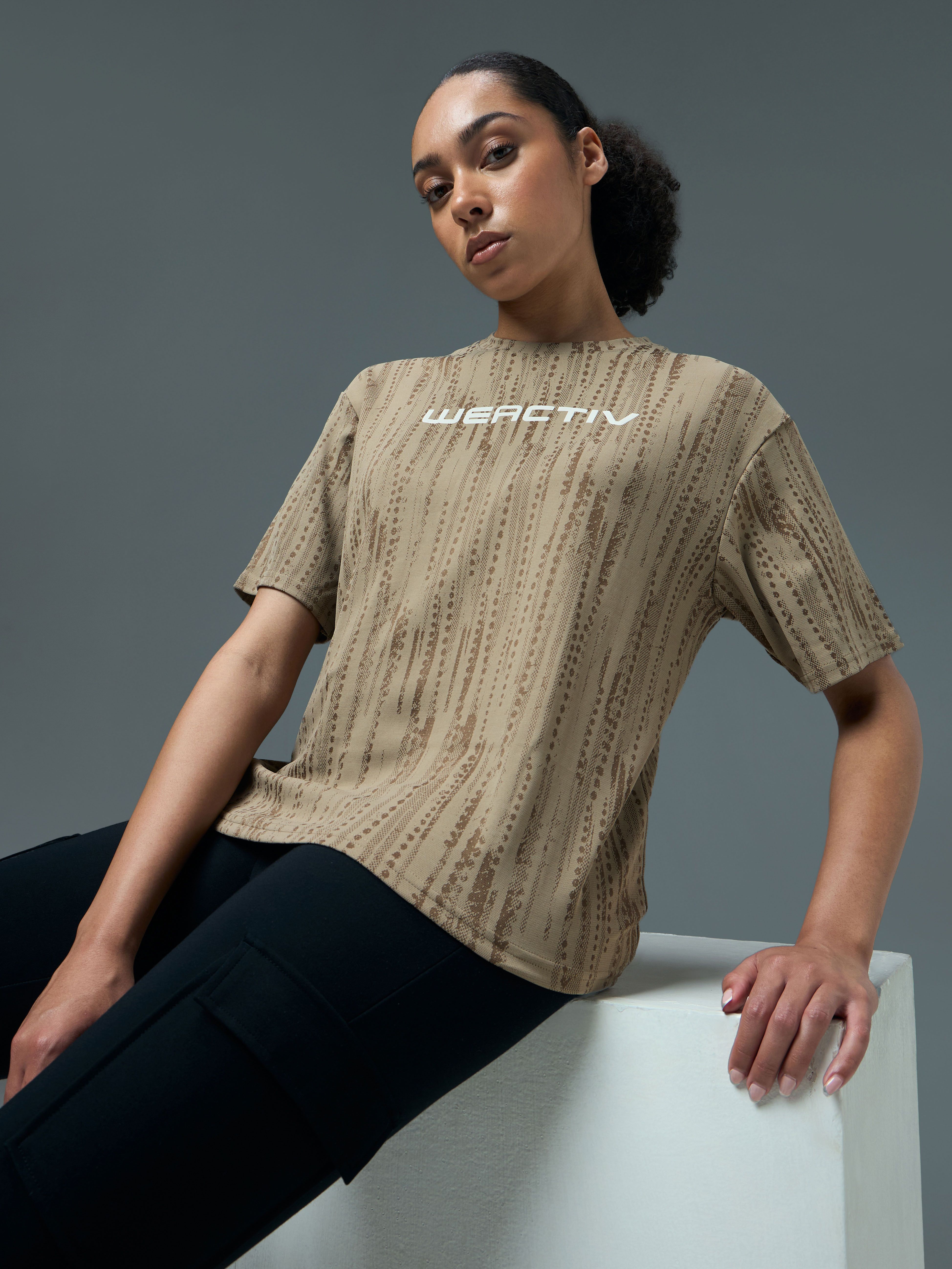 technosport Women Self Design Round Neck Polyester Beige T-Shirt-picture-17