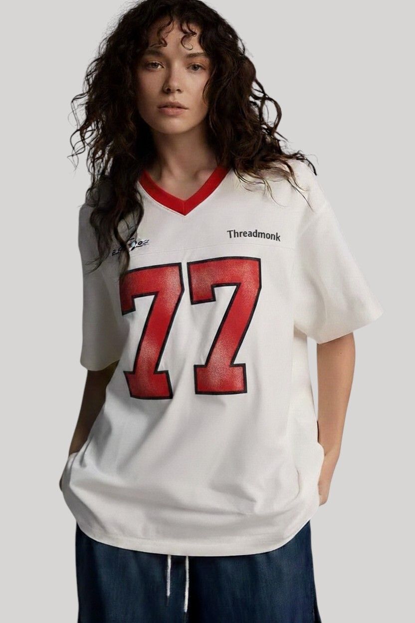 thread monk Women Printed V Neck Pure Cotton White T-Shirt-picture-13
