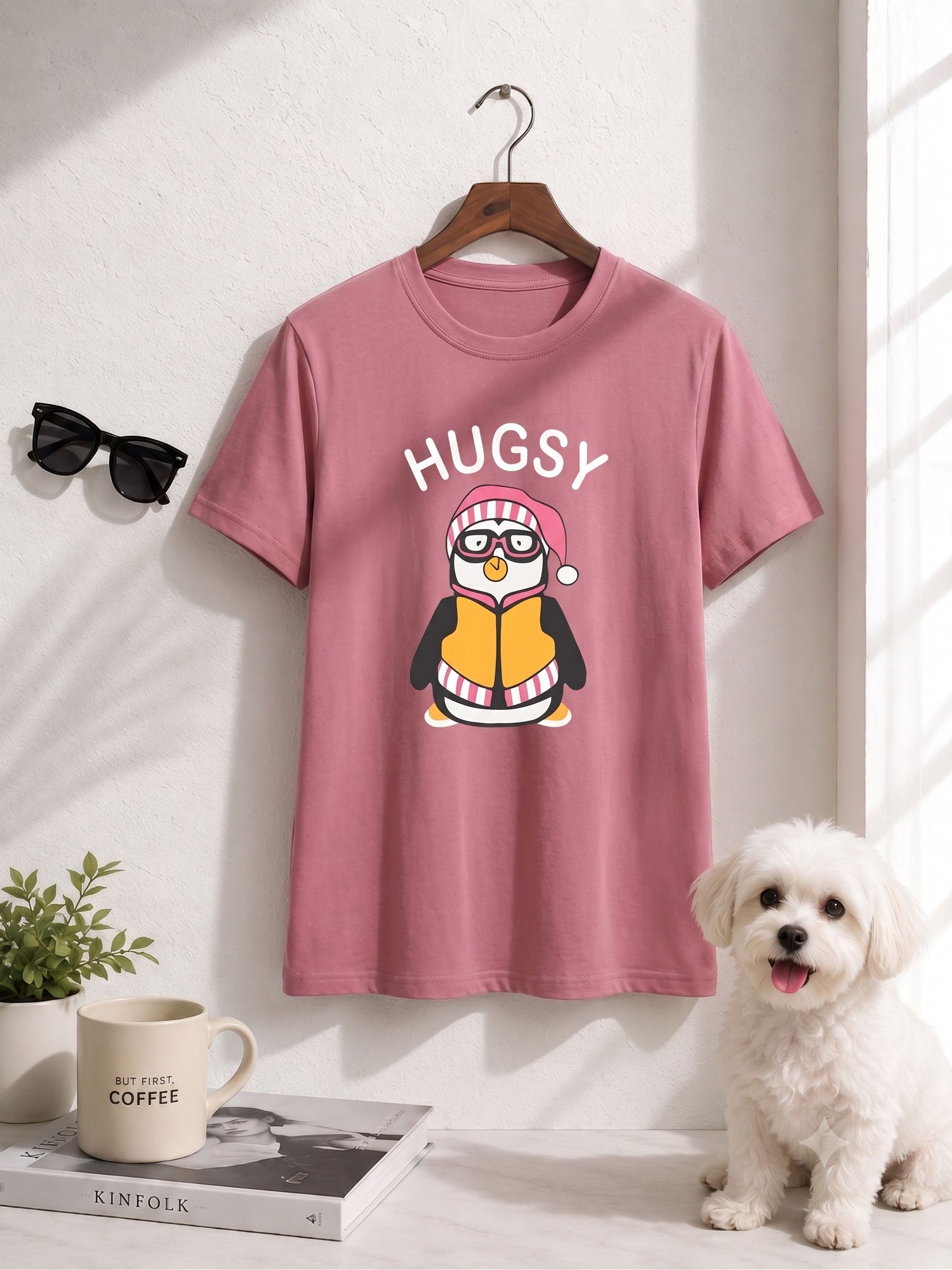 fabflee Women Solid Round Neck Cotton Blend Pink T-Shirt-picture-34