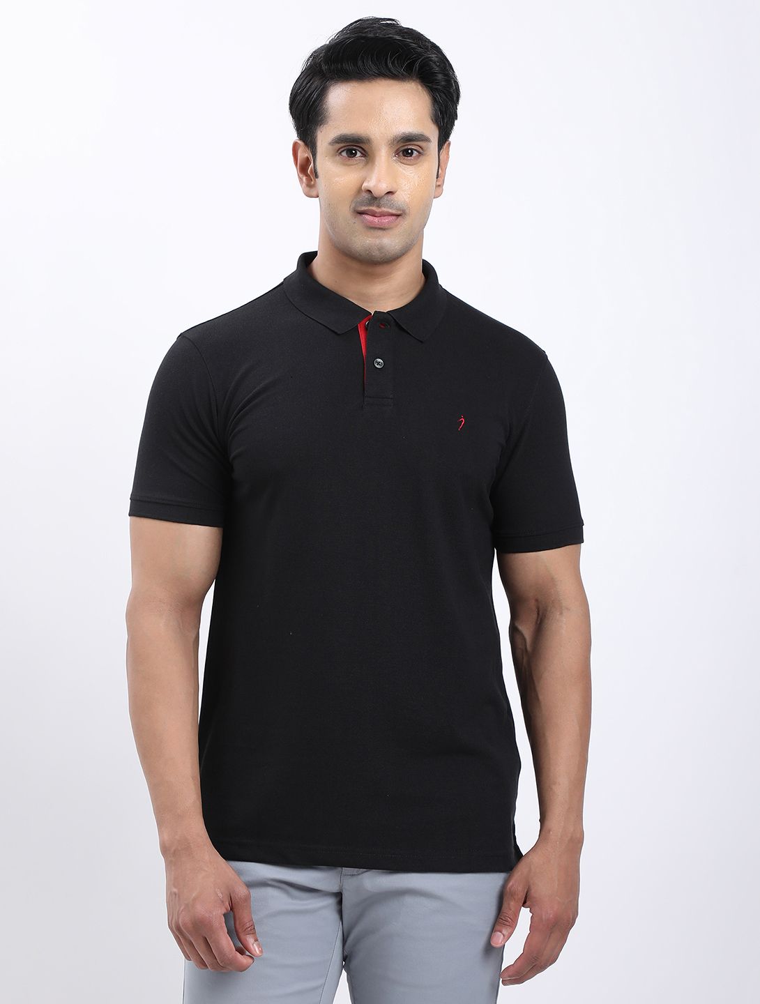 Men Solid Polo Neck Cotton Blend Black T-Shirt-image-4