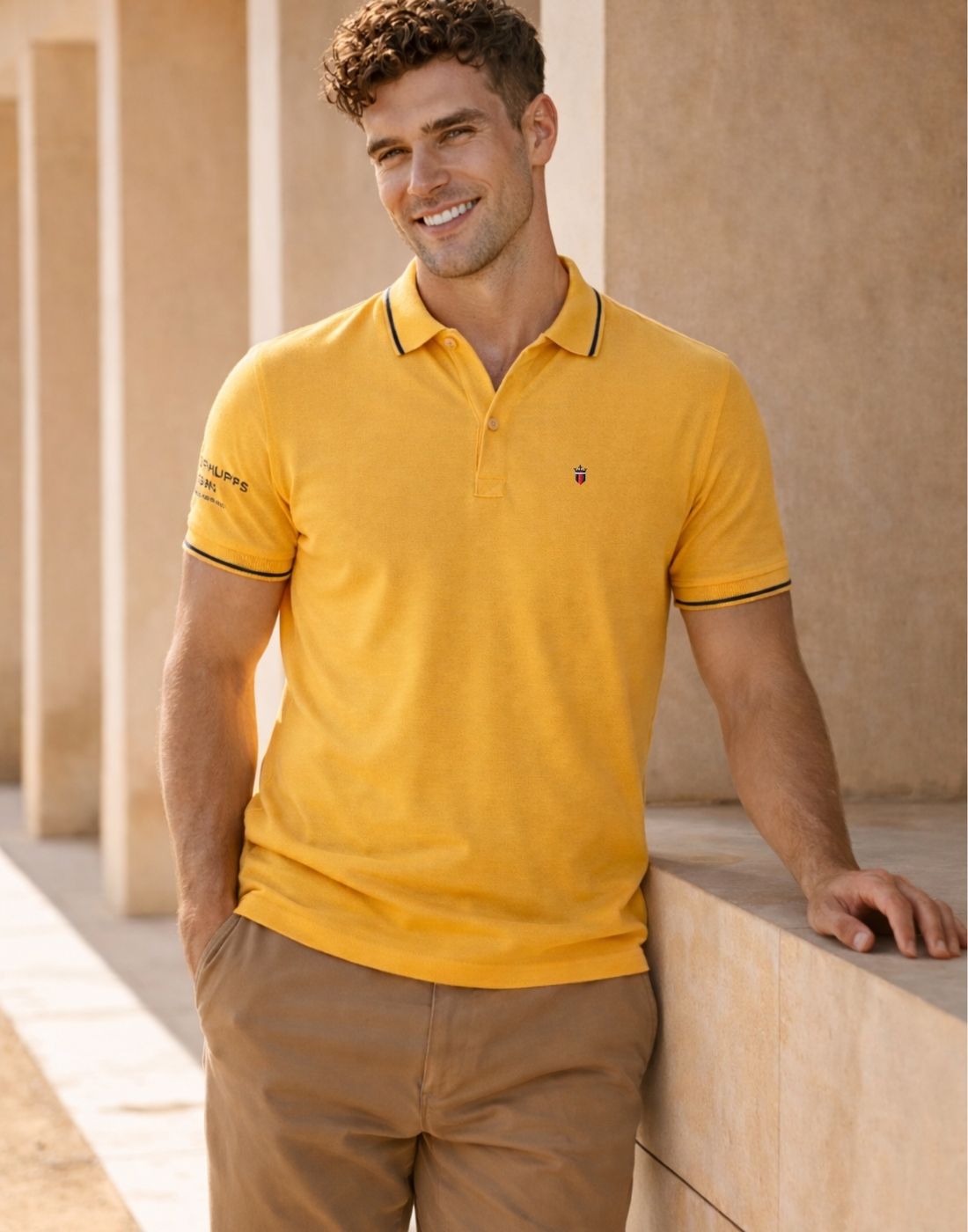 Men Solid Polo Neck Pure Cotton Yellow T-Shirt-image-32