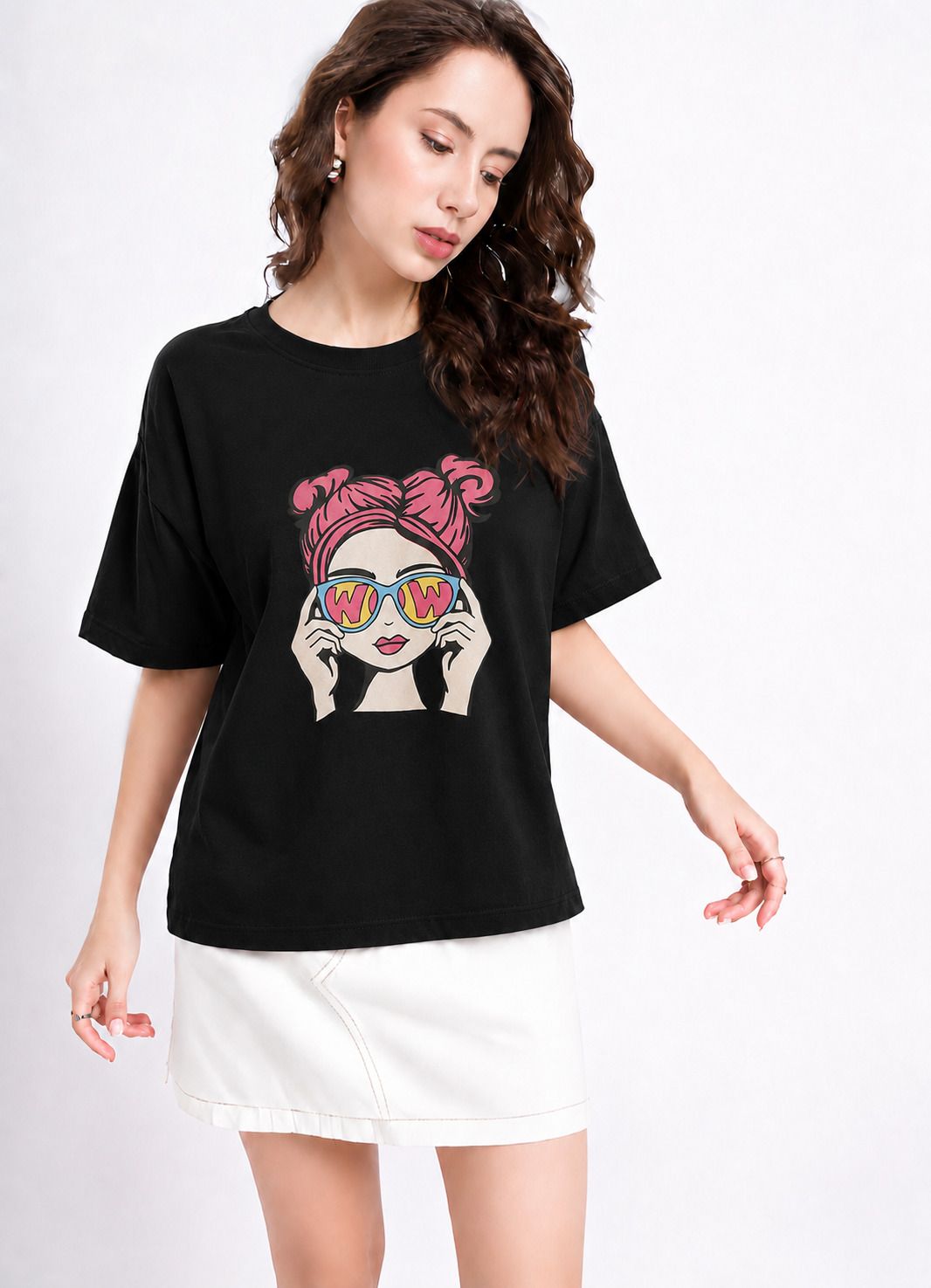 fabflee Women Printed Round Neck Cotton Blend Black T-Shirt-picture-13