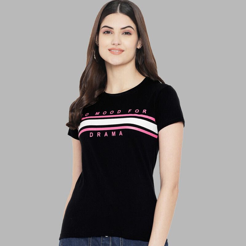 Typography Women Round Neck Pure Cotton Black T-Shirt-image-4