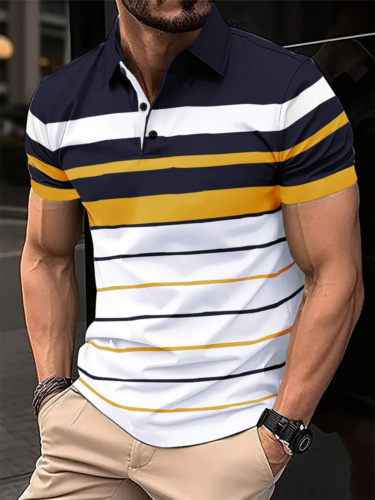 Men Striped Polo Neck Cotton Blend White, Blue, Yellow T-Shirt
