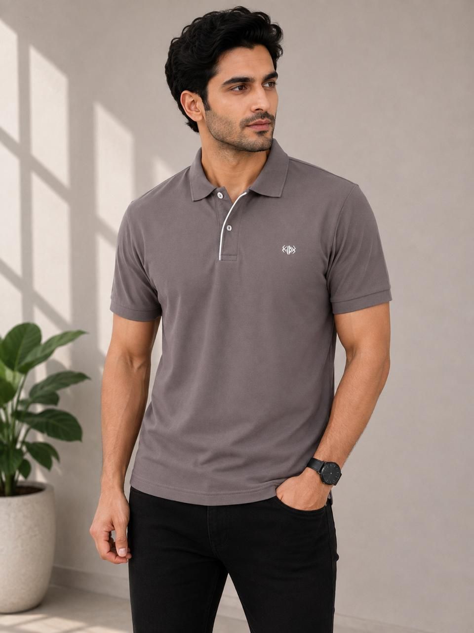 Men Solid Mandarin Collar Polyester Grey T-Shirt-image-5