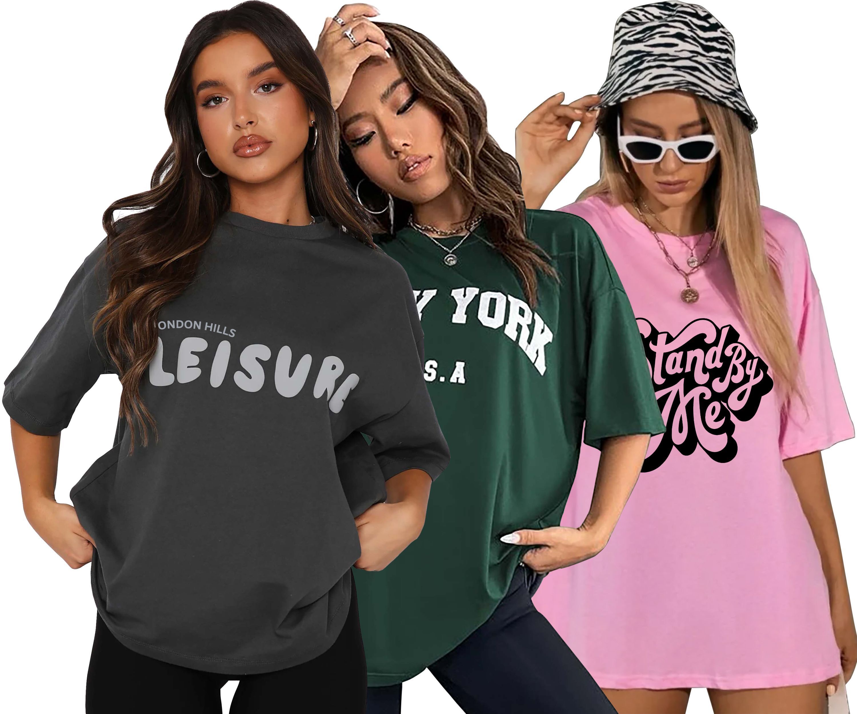 Pack of 3 Women Printed Round Neck Cotton Blend Grey, Green, Pink T-Shirt-image-48