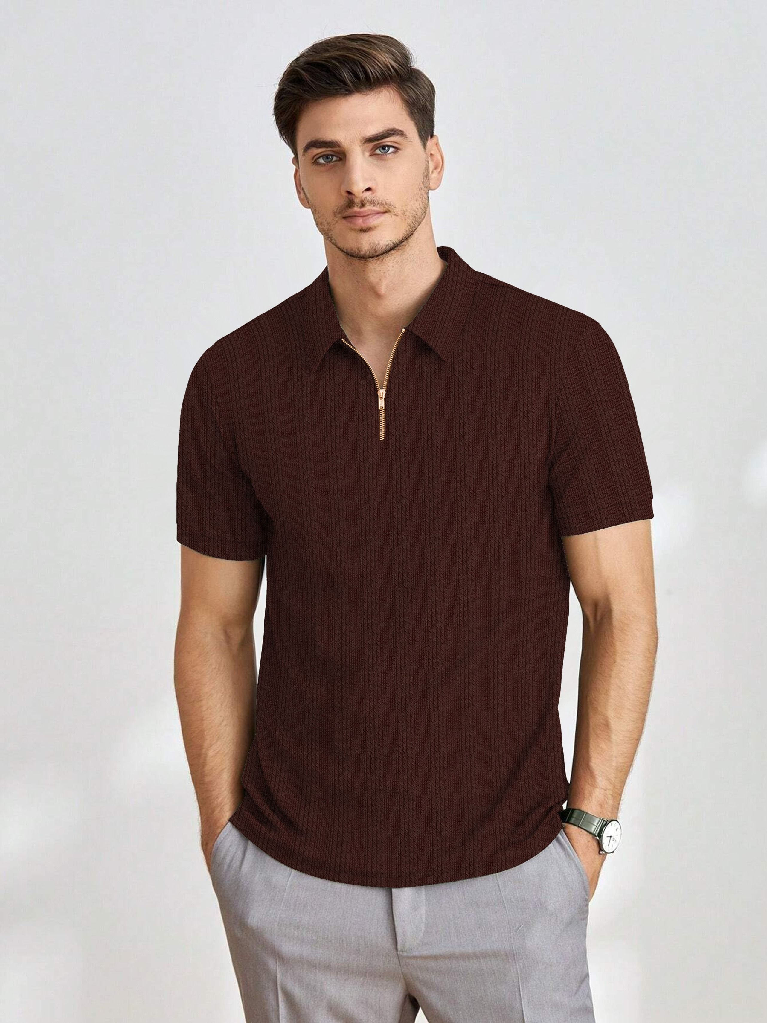 combraided Men Self Design Zip Neck Polyester Maroon T-Shirt-picture-23