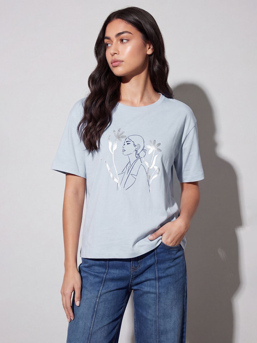 fame forever by lifestyle Women Printed Round Neck Cotton Blend Light Blue T-Shirt-picture-14