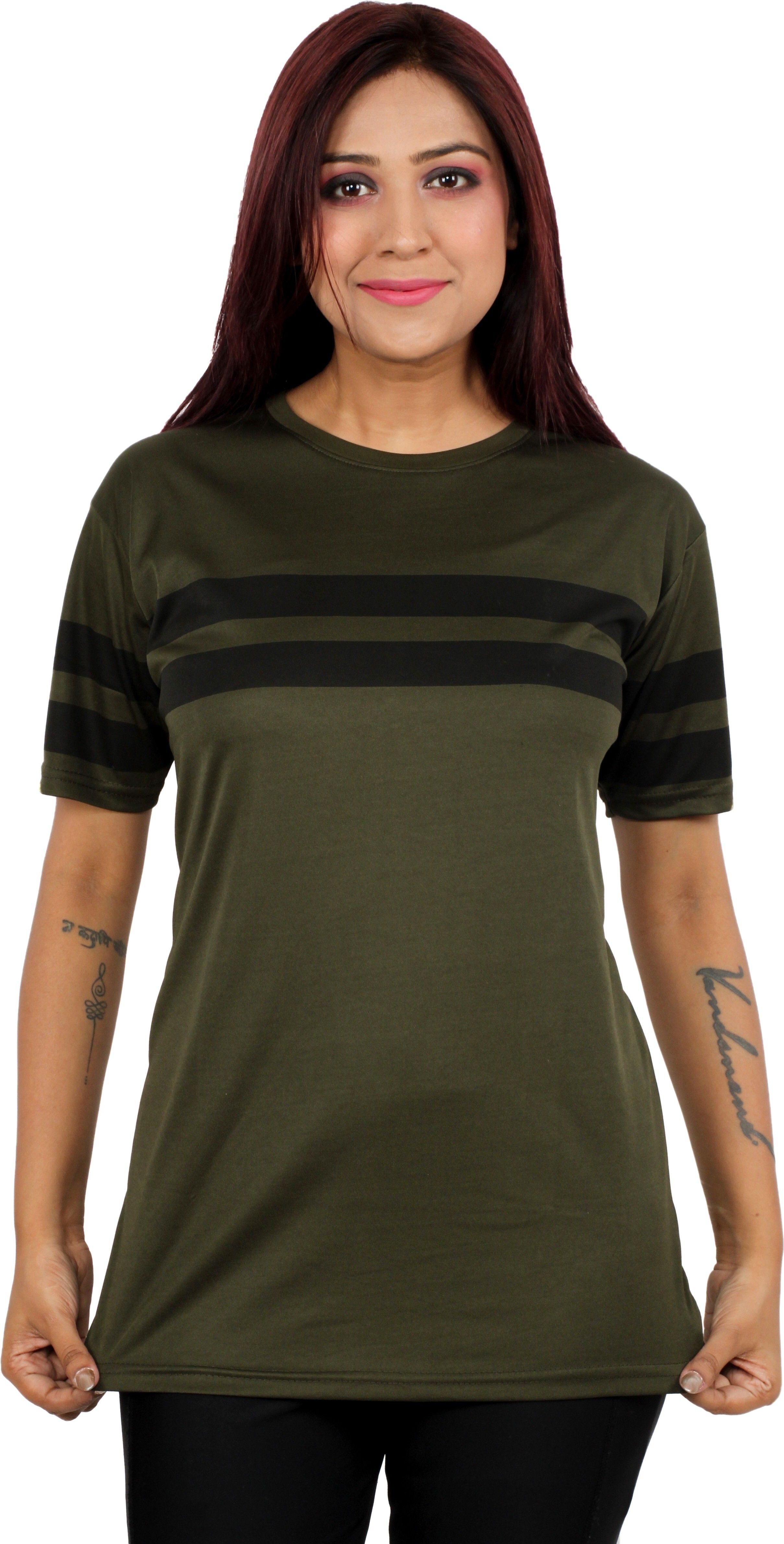 Women Printed Round Neck Polyester Dark Green T-Shirt-image-41