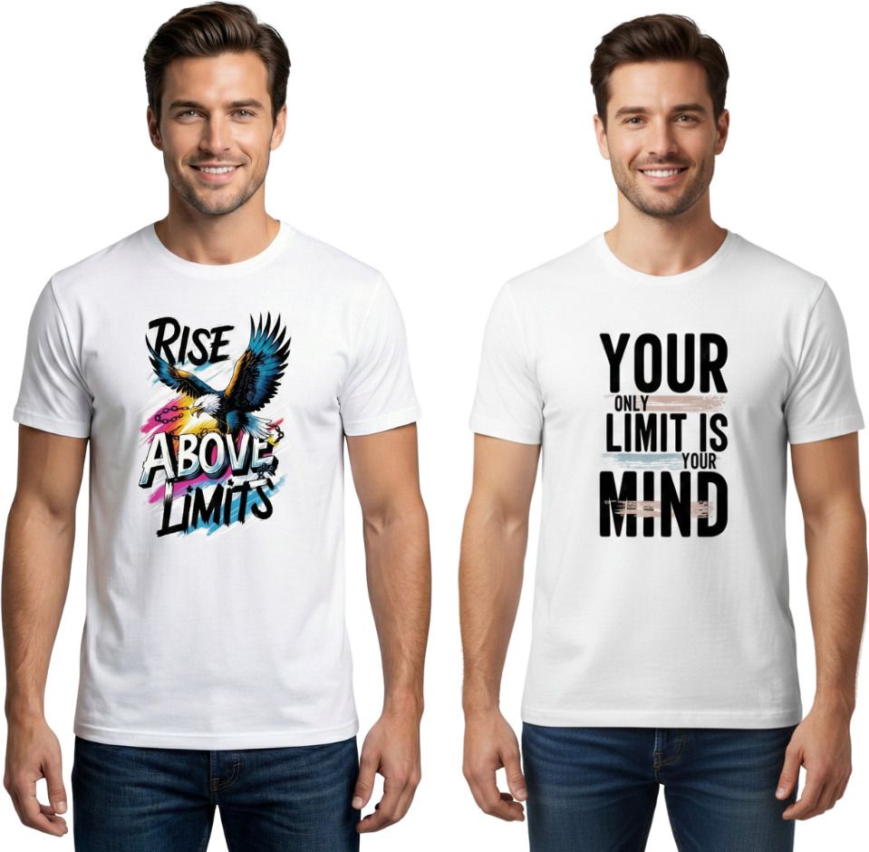 vkv fshion Pack of 2 Men Graphic Print Round Neck Cotton Blend White T-Shirt-picture-29