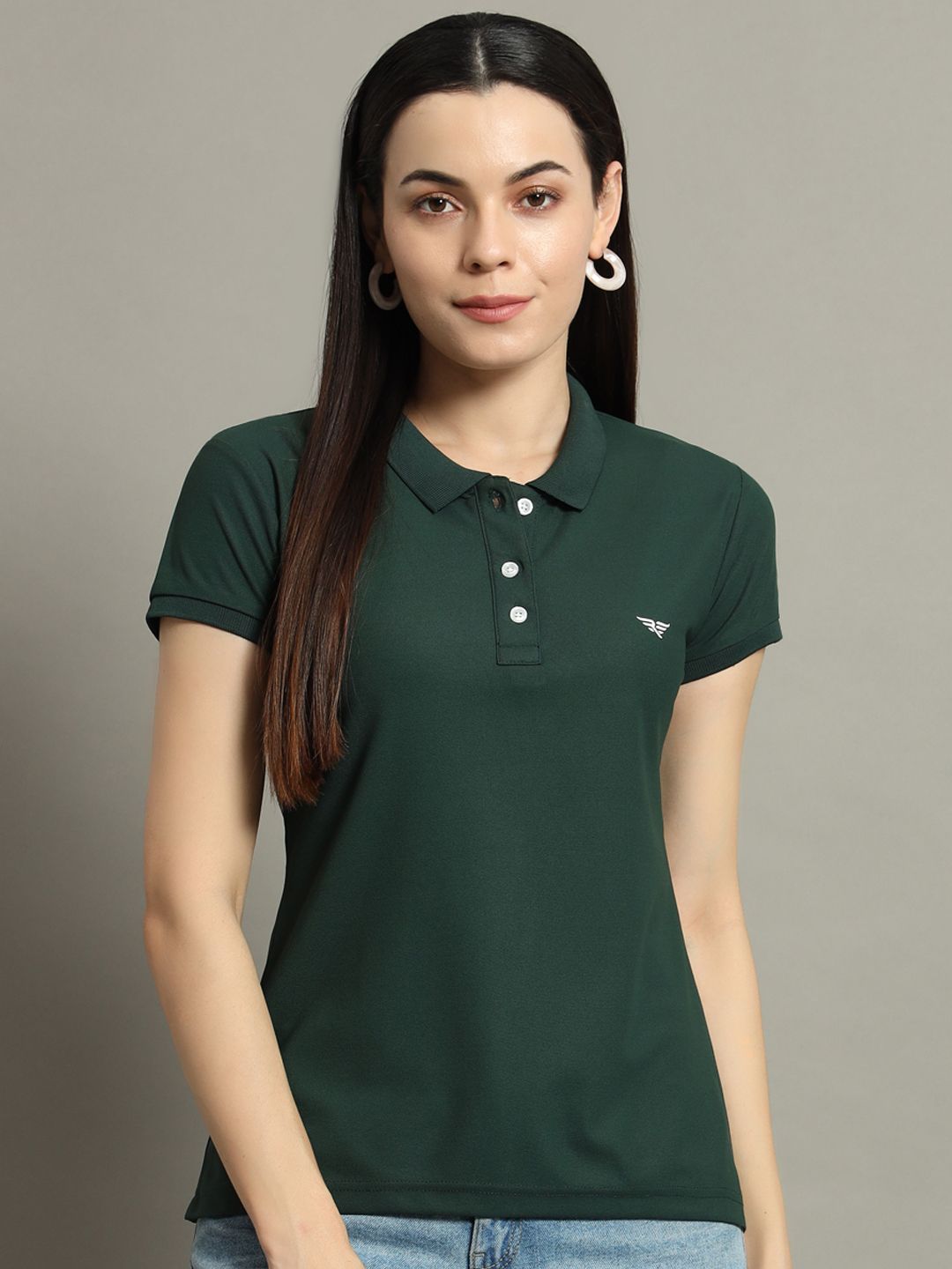 riss Women Solid Polo Neck Cotton Blend Dark Green T-Shirt-picture-12