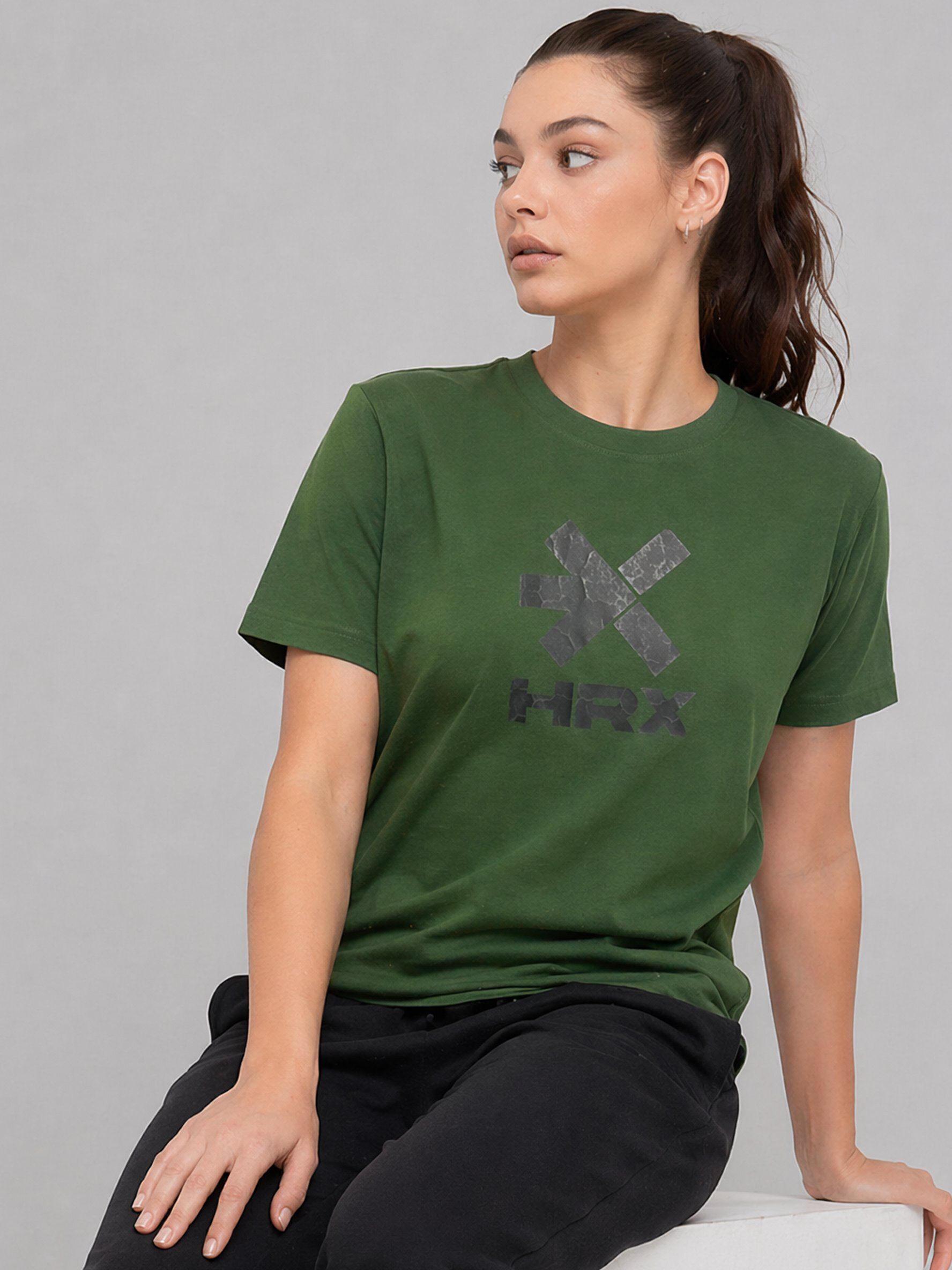hrx by hrithik roshan Women Solid Round Neck Polyester Green T-Shirt-picture-33