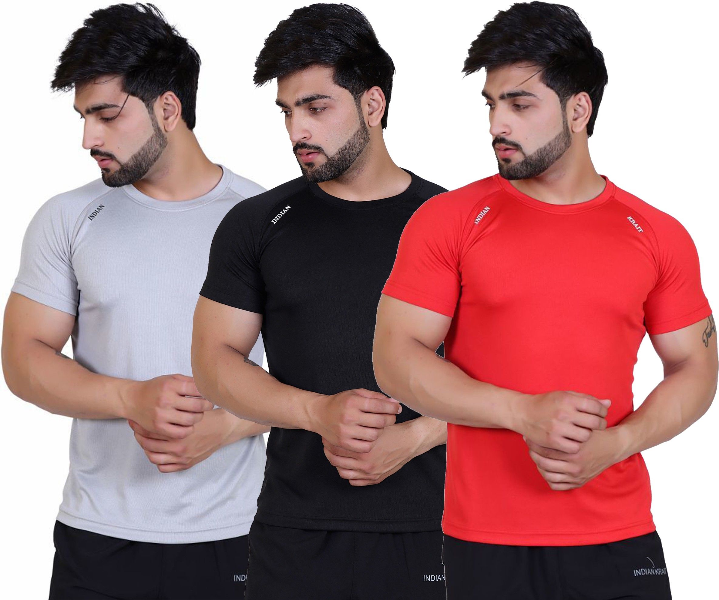 indian krait Pack of 3 Men Solid Round Neck Polyester Red, Black, Grey T-Shirt-picture-25