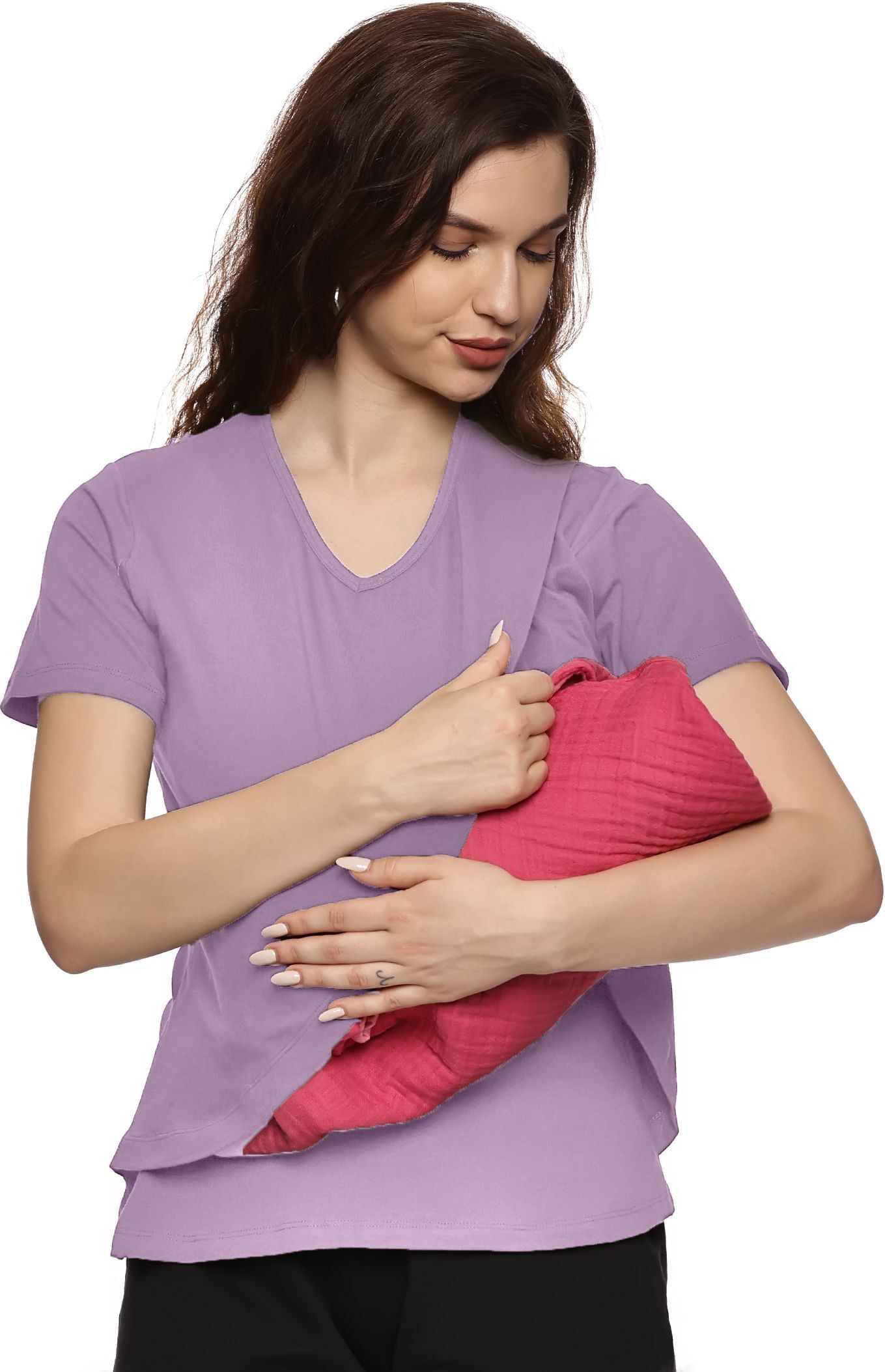 kikwit Women Solid V Neck Pure Cotton Purple T-Shirt-picture-22