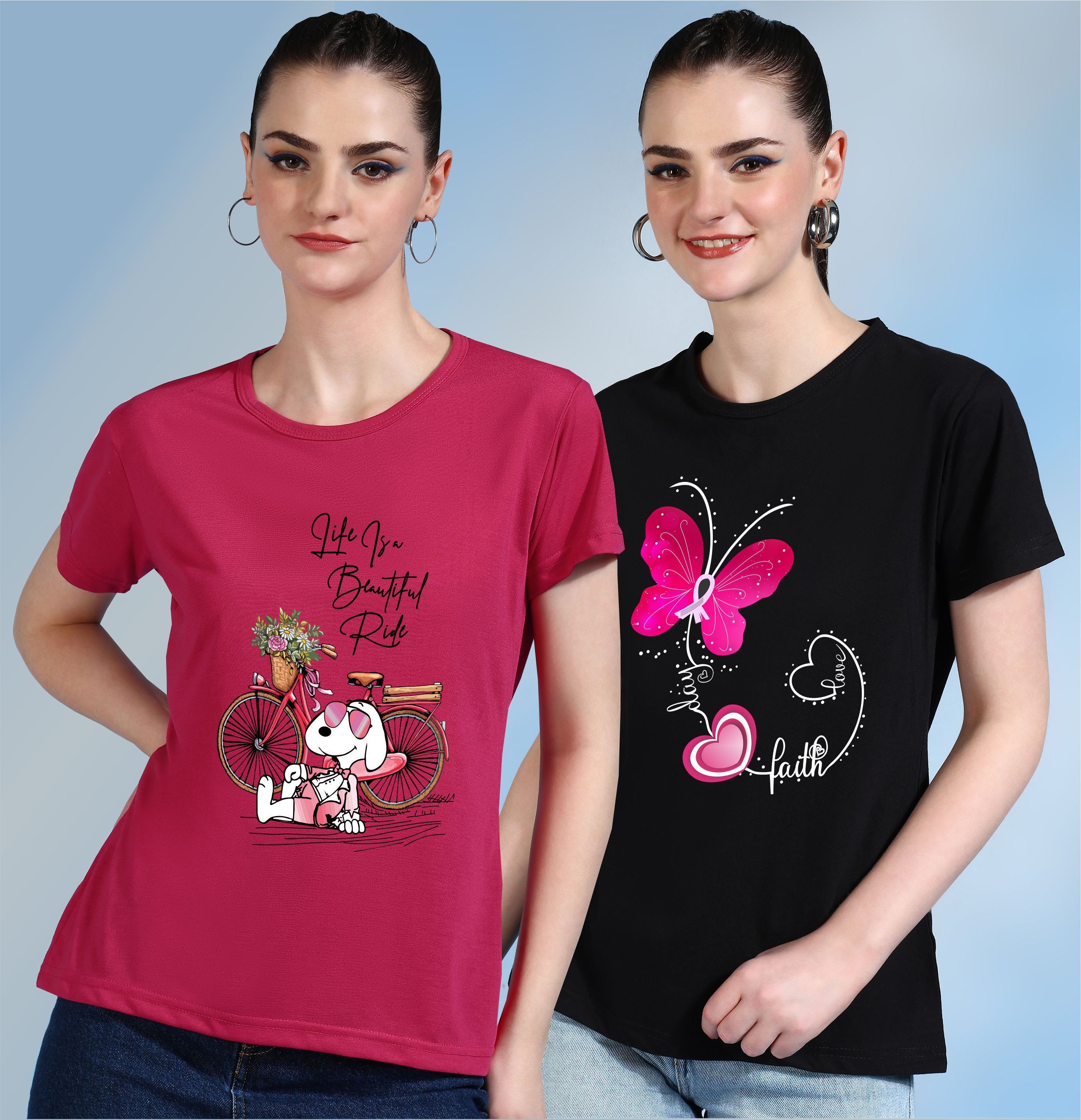 chozi Pack of 2 Women Printed Round Neck Cotton Blend Pink, Black T-Shirt-picture-11