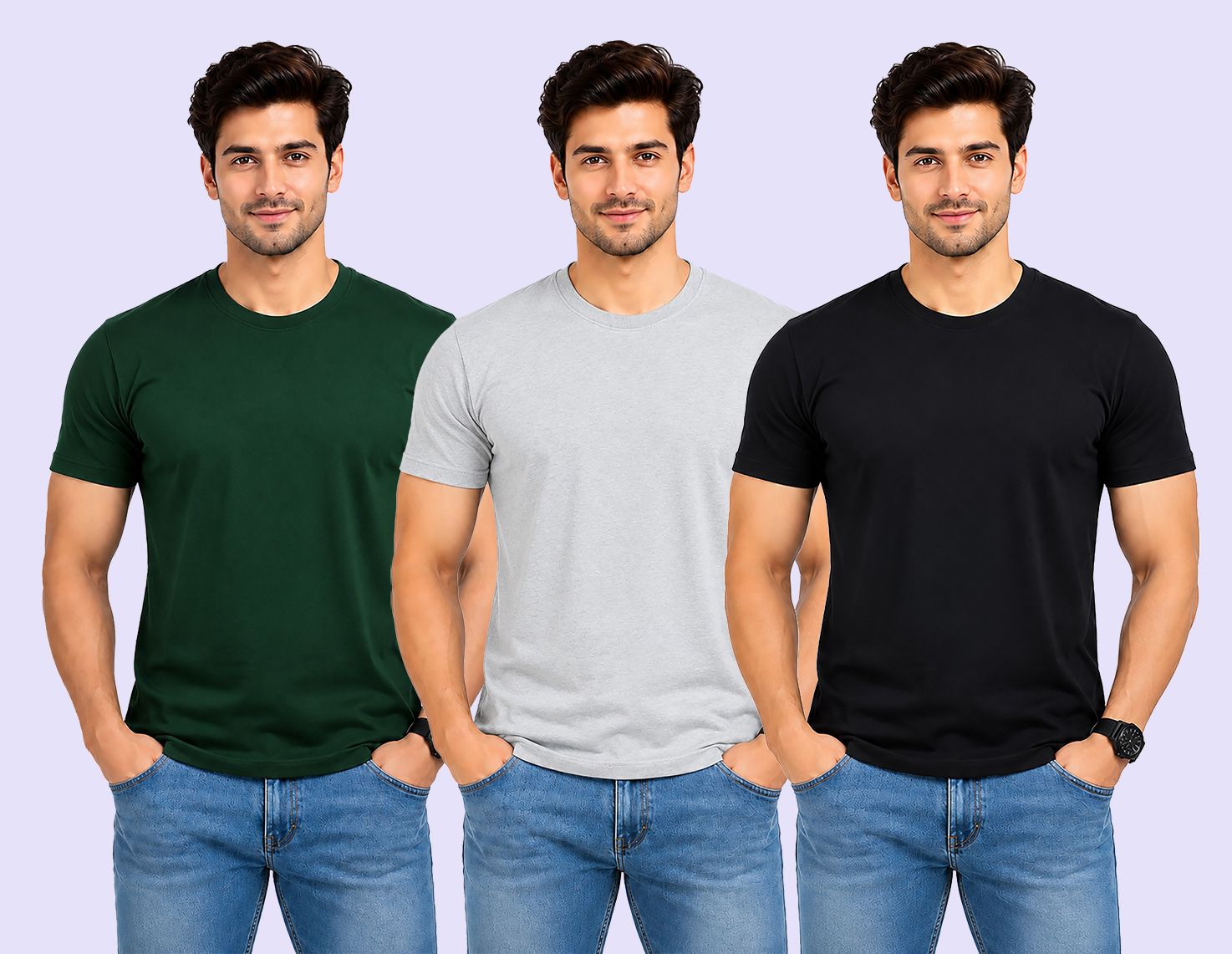 think tech Pack of 3 Men Solid Round Neck Polyester Dark Green, Grey, Black T-Shirt-picture-0