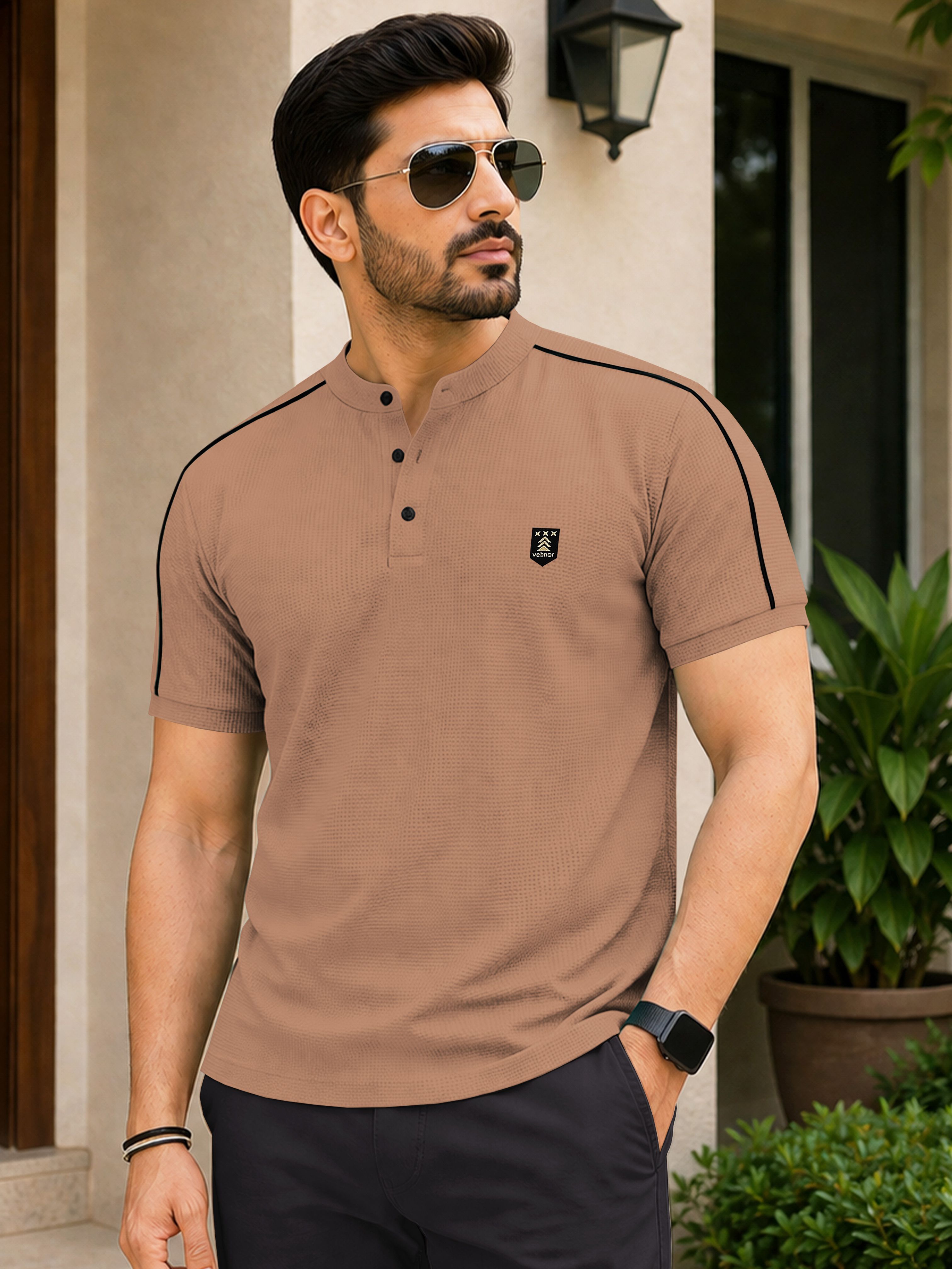 vebnor Men Self Design Polo Neck Cotton Blend Brown T-Shirt-picture-22