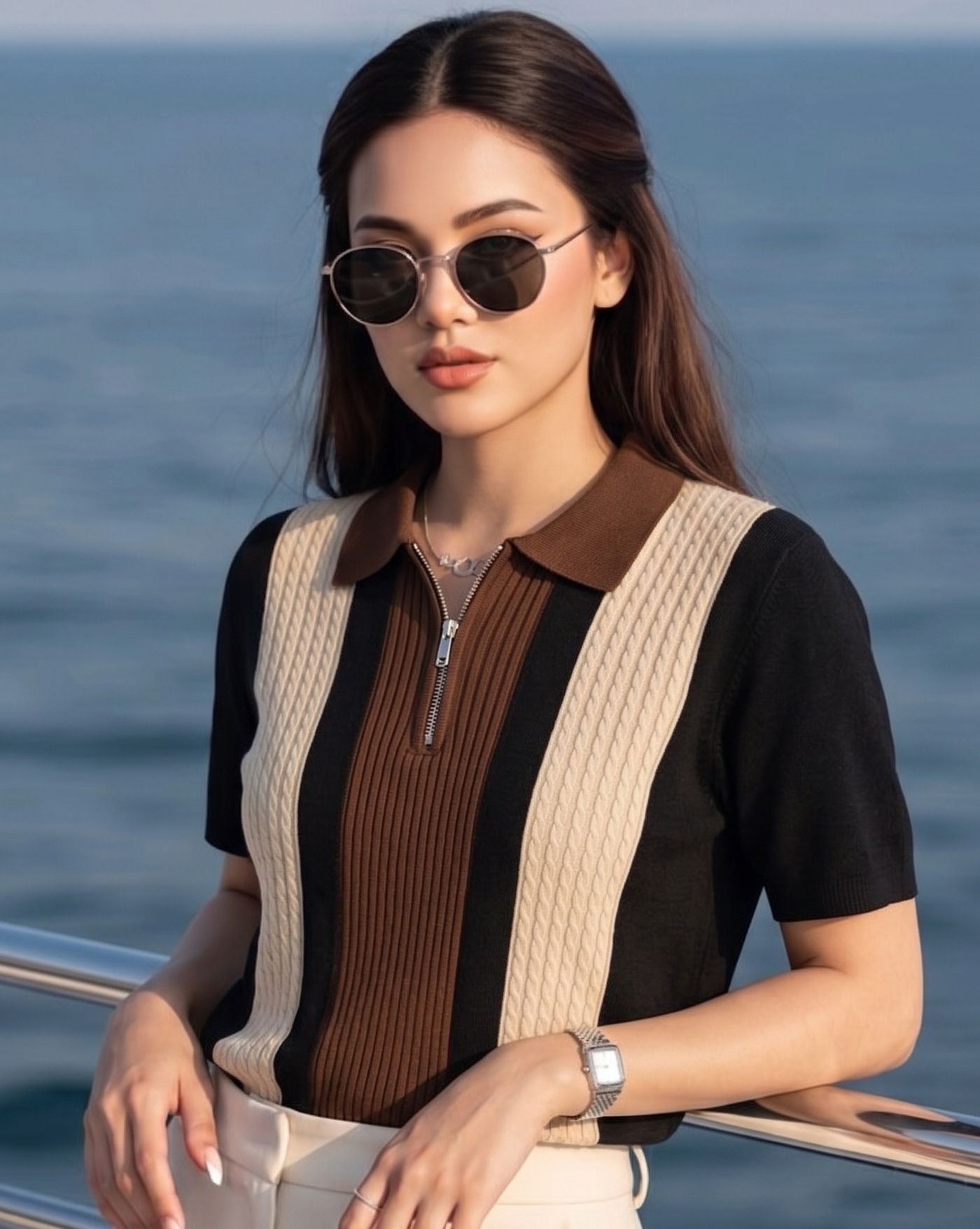 Women Striped Polo Neck Cotton Blend Brown, Black T-Shirt-image-19