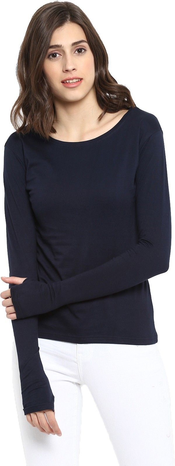 Women Solid Round Neck Pure Cotton Dark Blue T-Shirt-image-22