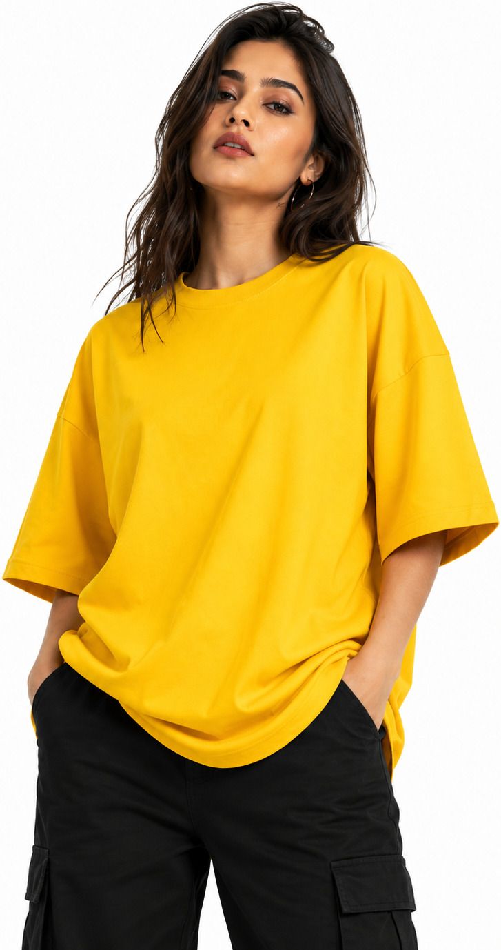 shadueblo Women Solid Round Neck Cotton Blend Yellow T-Shirt-picture-41