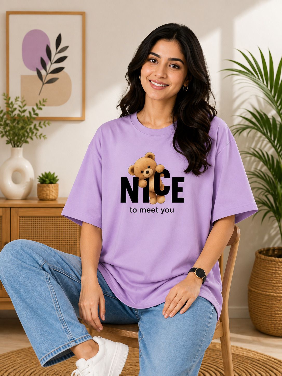 Women Geometric Print Round Neck Pure Cotton Beige T-Shirt-image-5