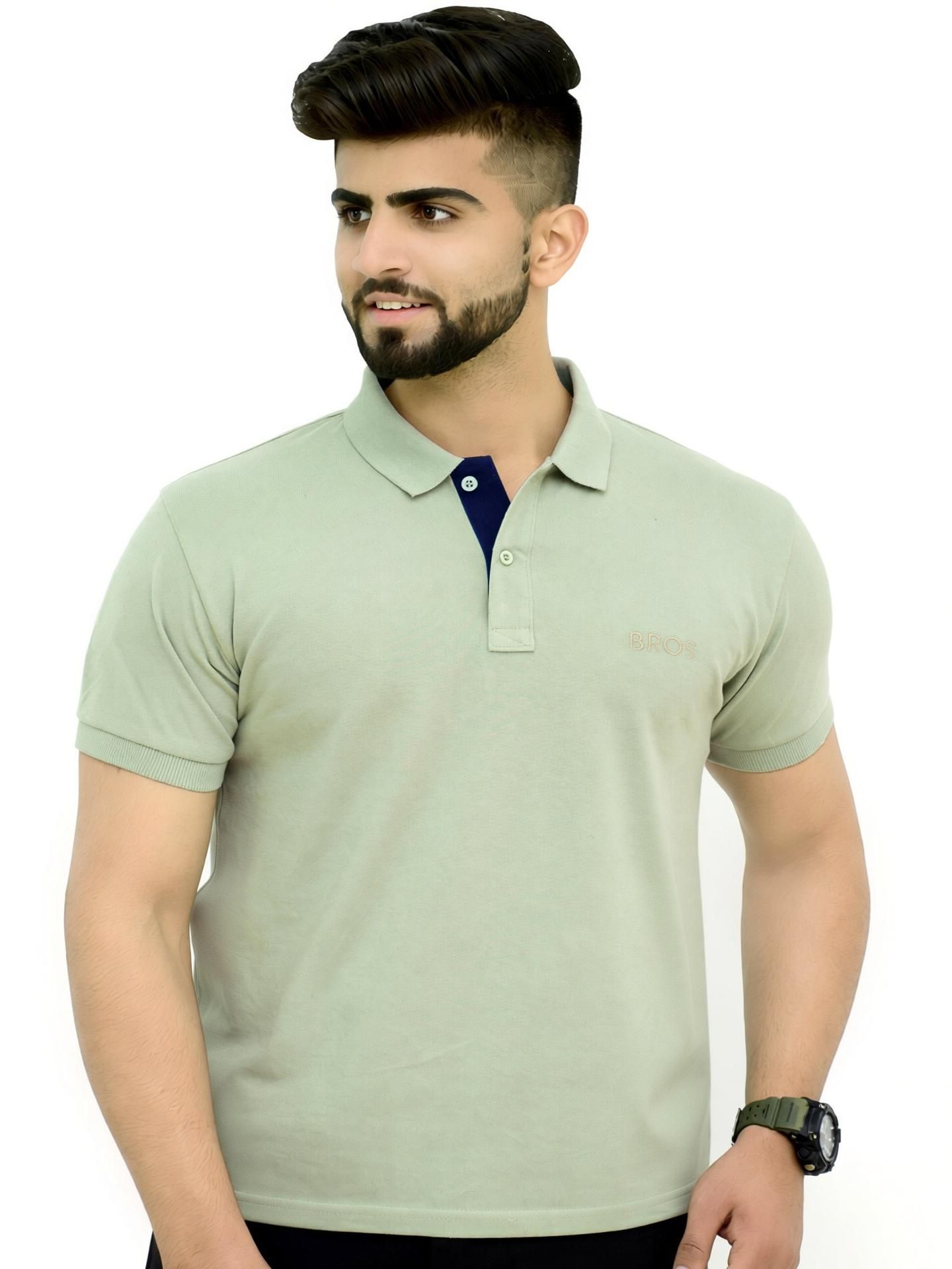 3bros Men Solid Polo Neck Cotton Blend (220 gsm) Green T-Shirt-picture-25