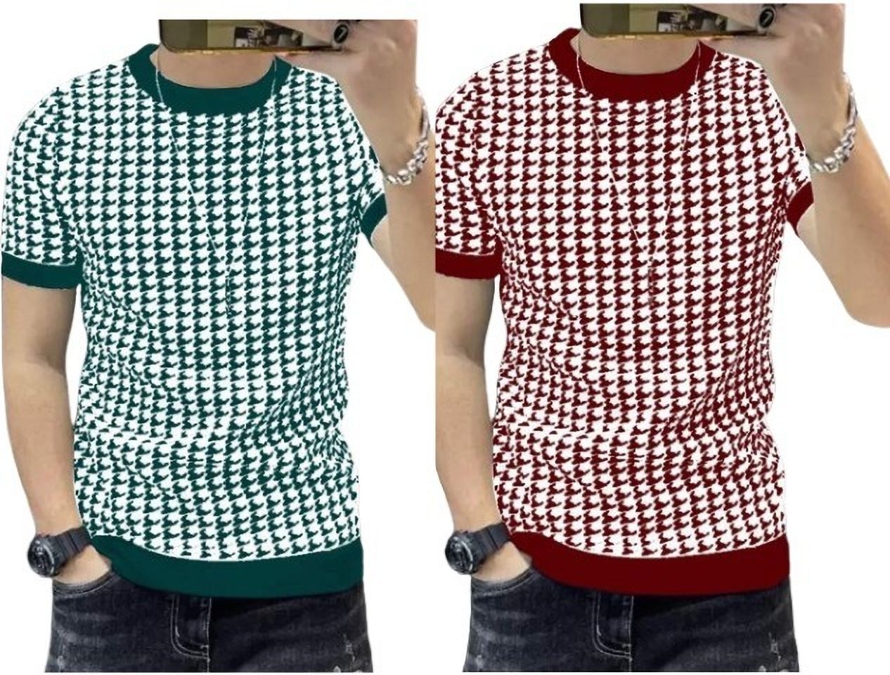 Pack of 2 Men Printed Round Neck Polyester Maroon, Dark Green T-Shirt
