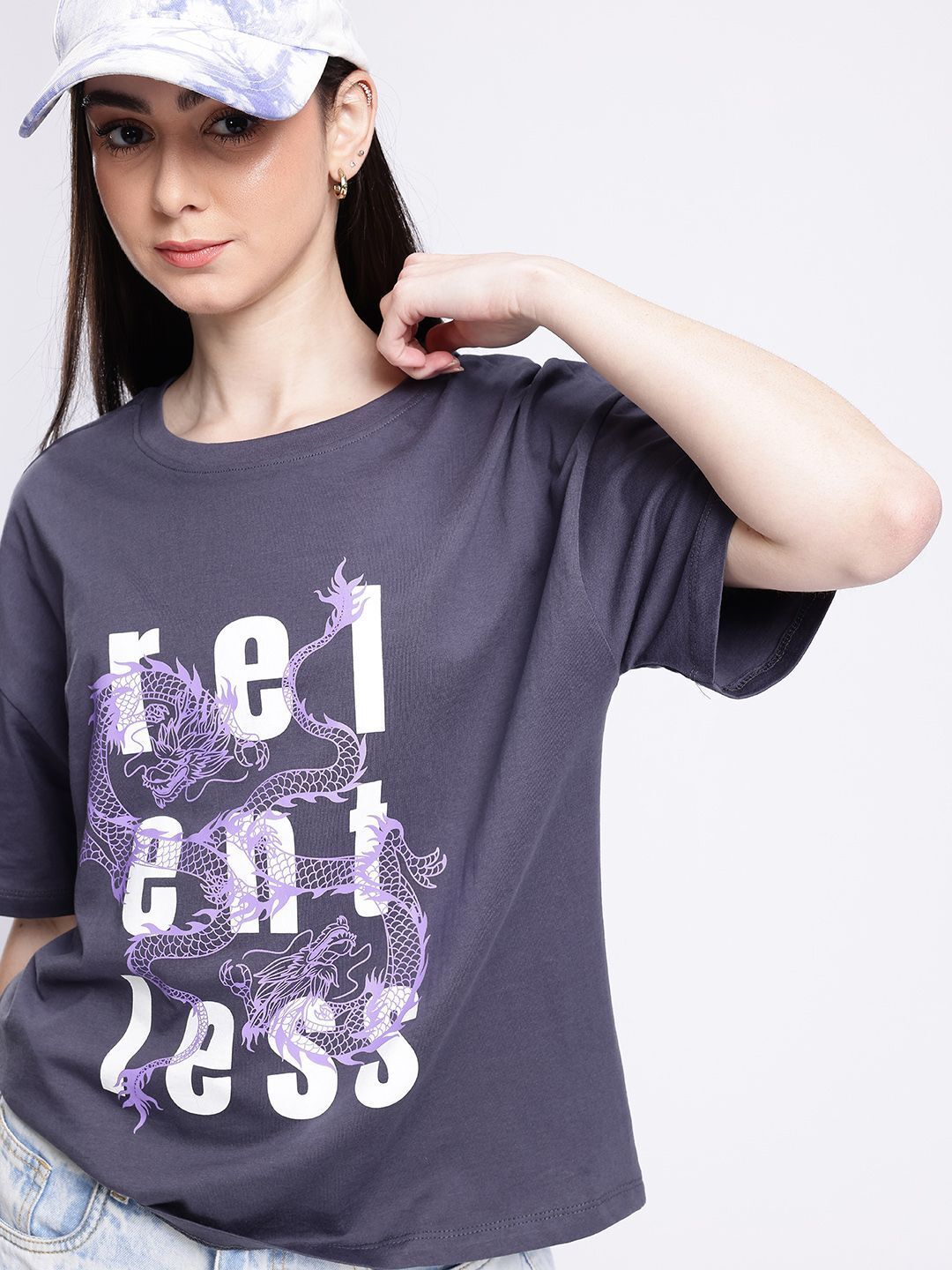 Women Printed Round Neck Pure Cotton Grey T-Shirt-image-15