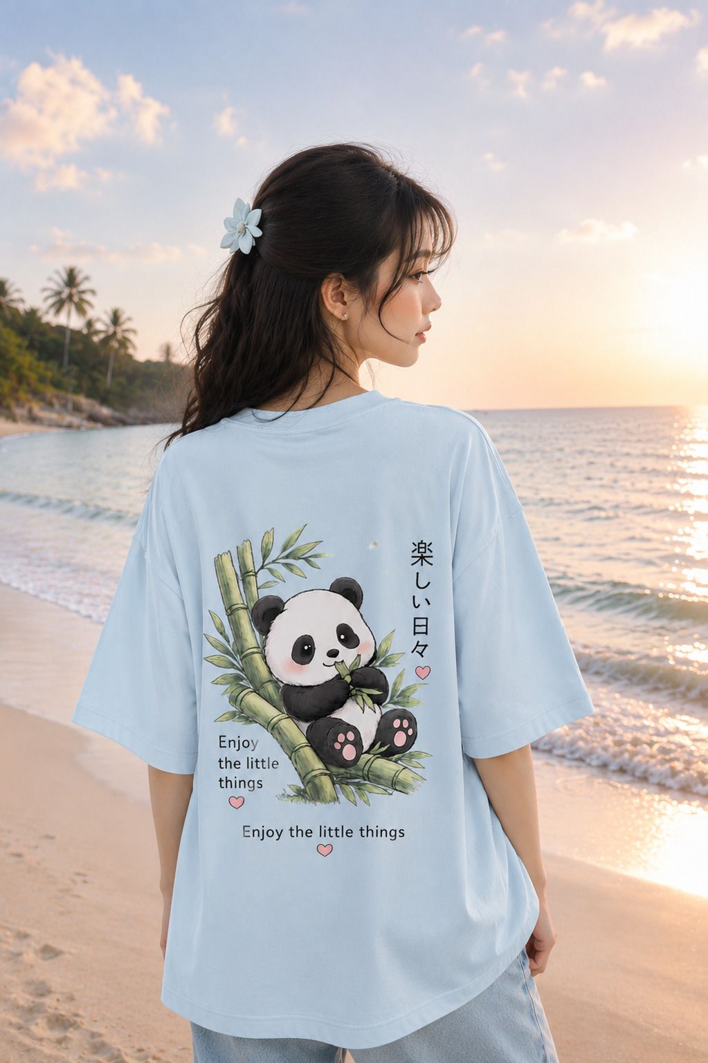 zynfashion Women Printed Round Neck Pure Cotton Light Blue T-Shirt-picture-17