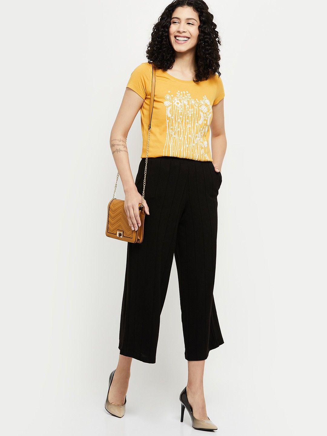 max Women Printed Round Neck Pure Cotton Gold T-Shirt-picture-25
