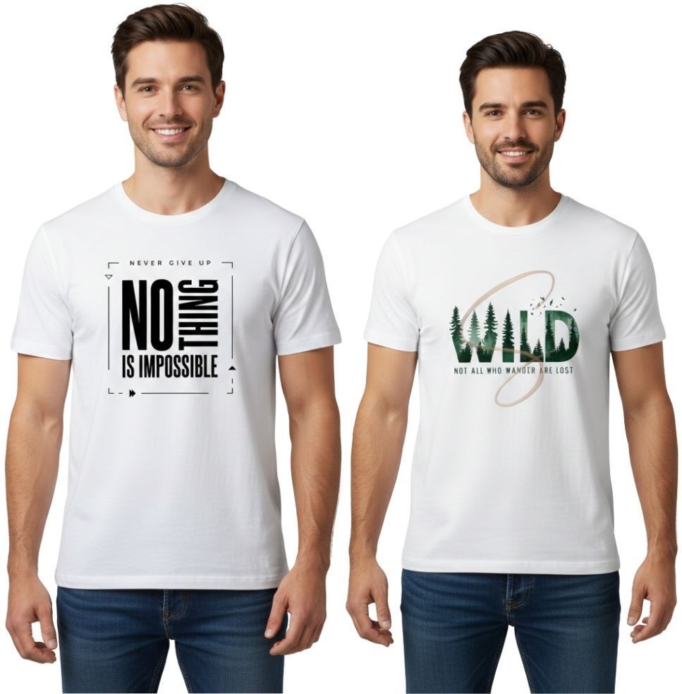 vkv fshion Pack of 2 Men Graphic Print Round Neck Cotton Blend White T-Shirt-picture-37