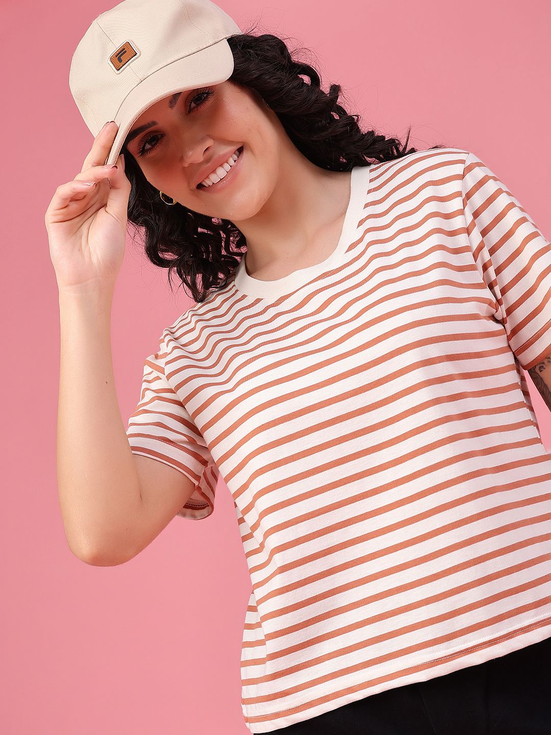 v-mart Women Striped Round Neck Cotton Blend Multicolor T-Shirt-picture-12